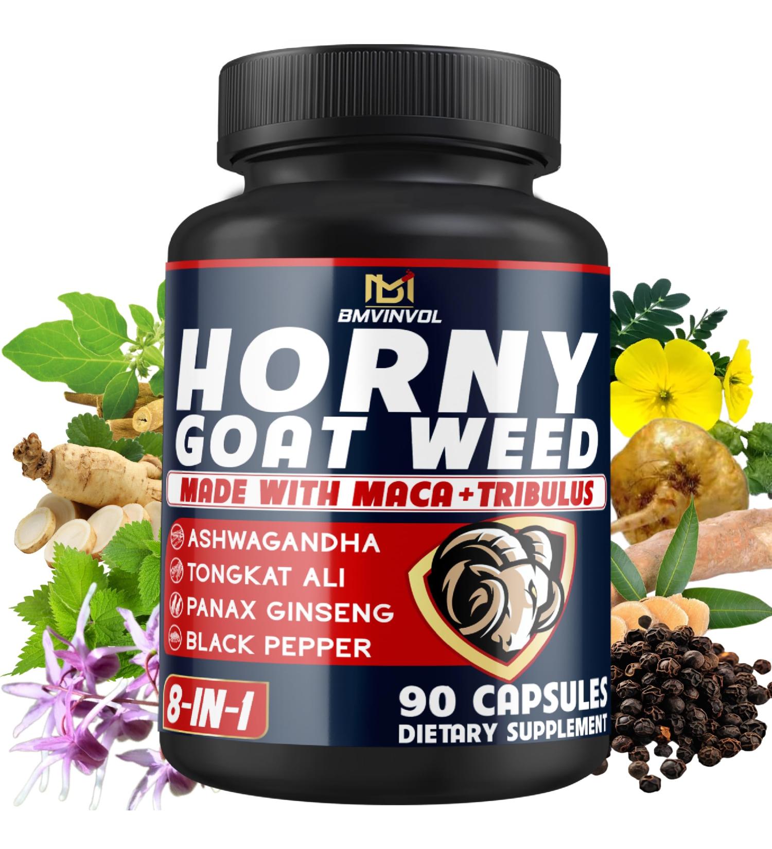 BMVINVOL Horny Goat Weed for Men - Extra Strength Supplement with Maca Ginseng Tribulus Terrestris Ashwagandha - 90 Capsules - Buy Online on GoSupps.com