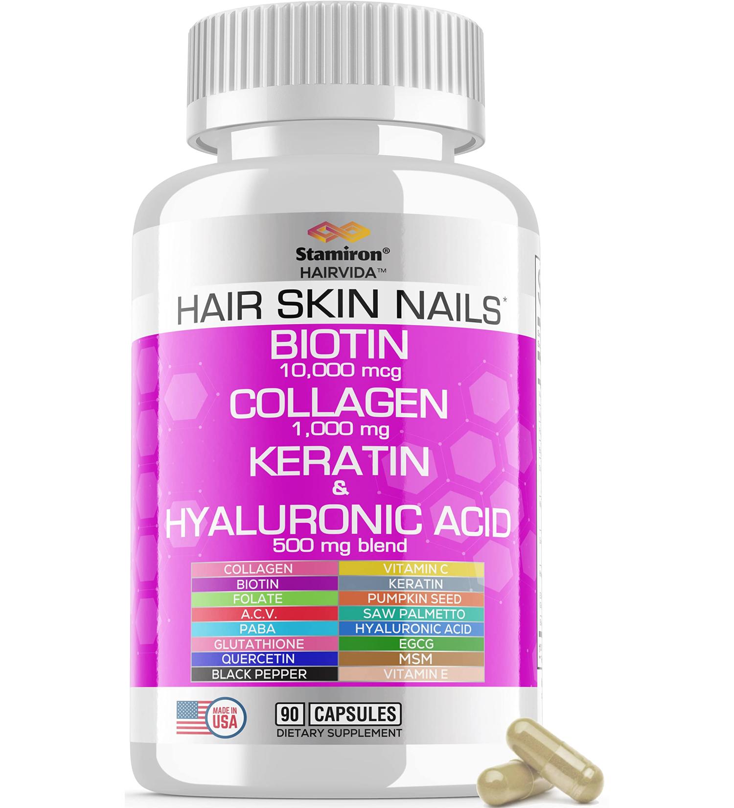 Stamiron Hair Skin Nails Vitamins for Women - Biotin 10000mcg, Collagen 1000mg, Keratin, Hyaluronic Acid & More - Hair Growth, Nail & Skin Health - USA Made - Buy Online on GoSupps.com