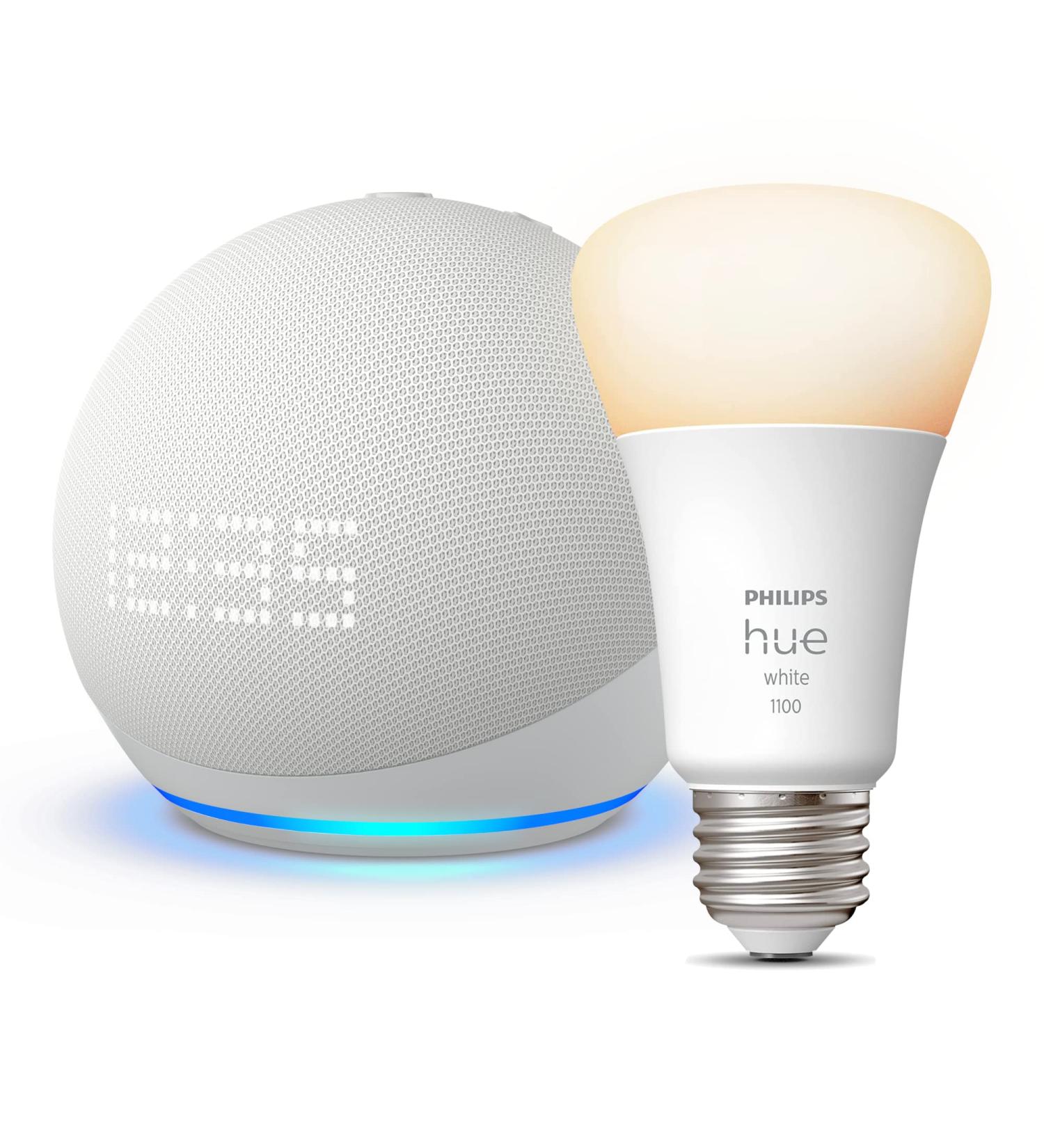 Echo Dot (5th Gen) with Clock | Glacier White with Philips Hue White Smart Bulb - Buy Online on GoSupps.com