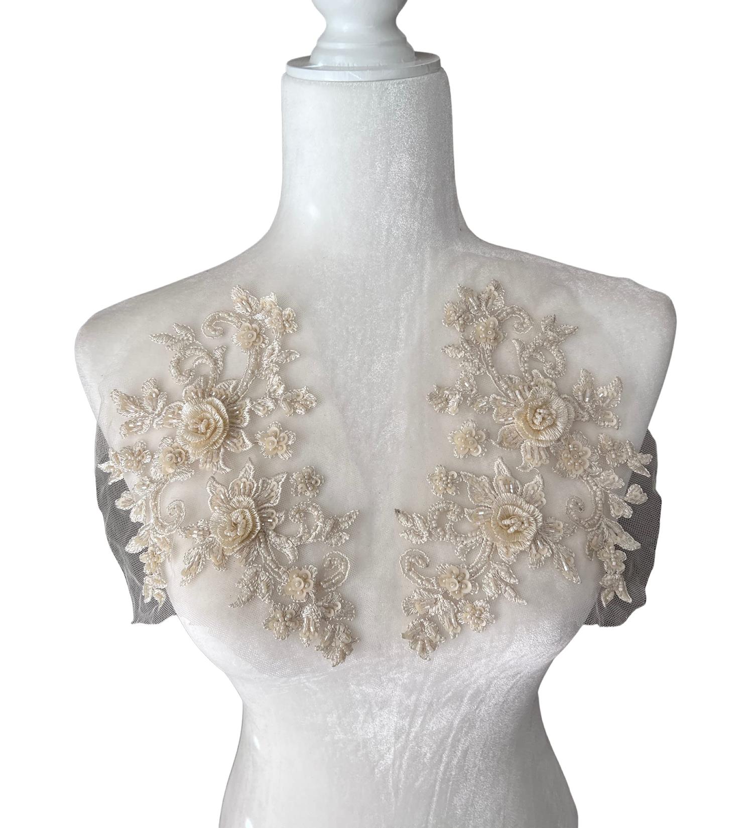 PEPPERLONELY 1 Pair 3D Lace Beaded Sequins Flower Sew on Embroidered Lace Applique Wedding Dress Bride's Headdress Adornment DIY Patch Clothing Accessories, 8.5 x 6 Inches, Champagne