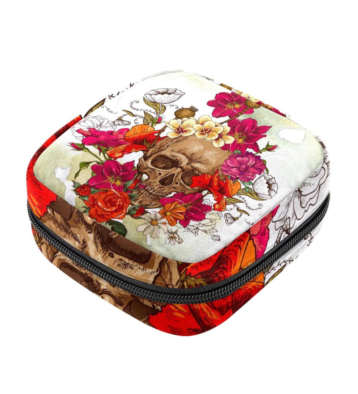 Skulls & Poppy Flowers Menstrual Pad Bag | Zipper Pocket for Women & Teens | Stylish Storage Solution - Buy Online on GoSupps.com
