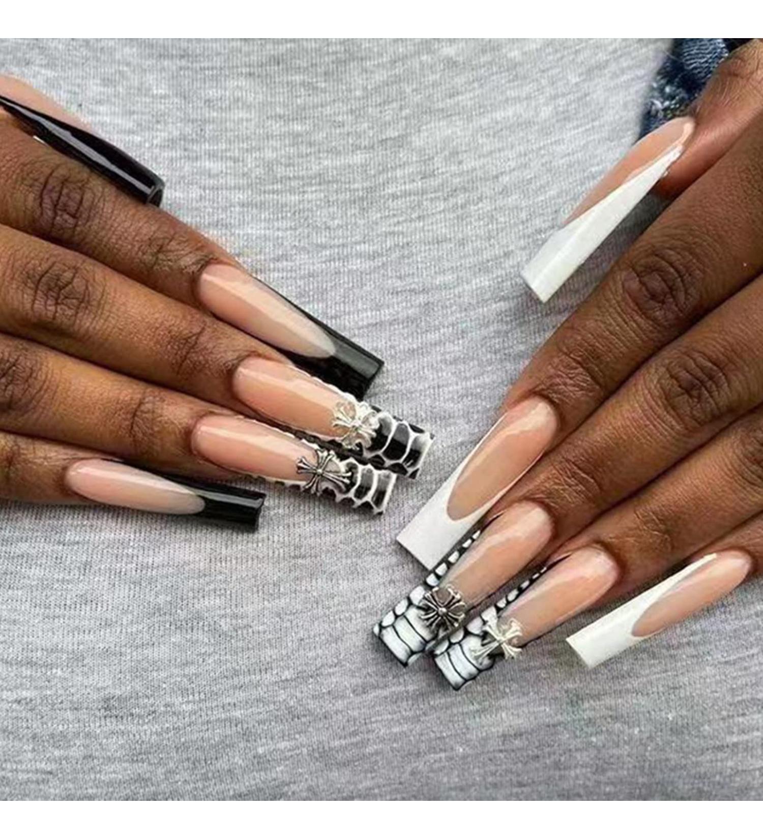 Buy Justotry 24-Piece Long Black & White French Press-On Nails - Spider Design Coffin Ballerina Artificial Nails for Women - Buy Online on GoSupps.com