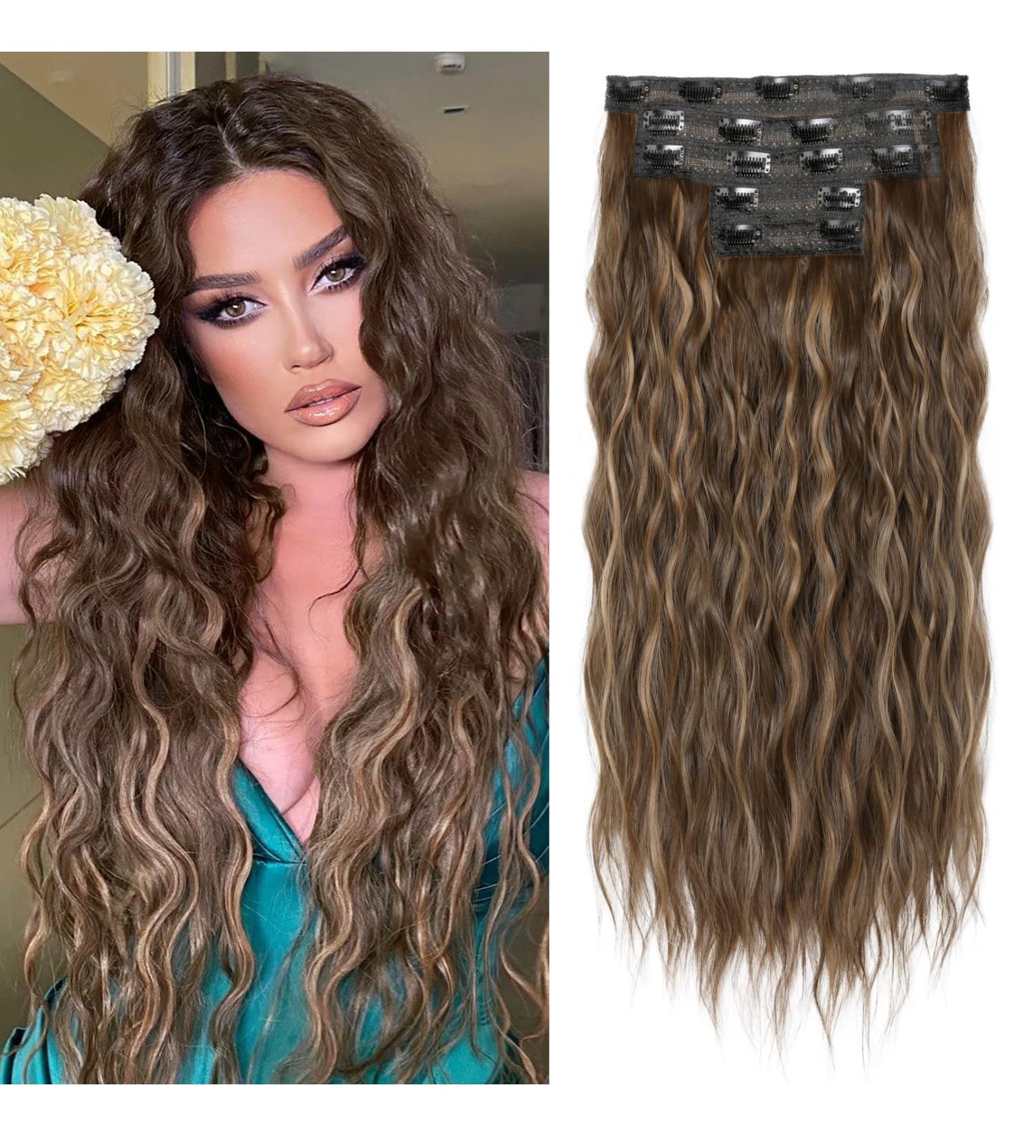 REECHO 5PCS Clip in Hair Extensions 24 Thick Long Loose Waves - Chocolate Brown with Blonde Highlights - Buy Online on GoSupps.com