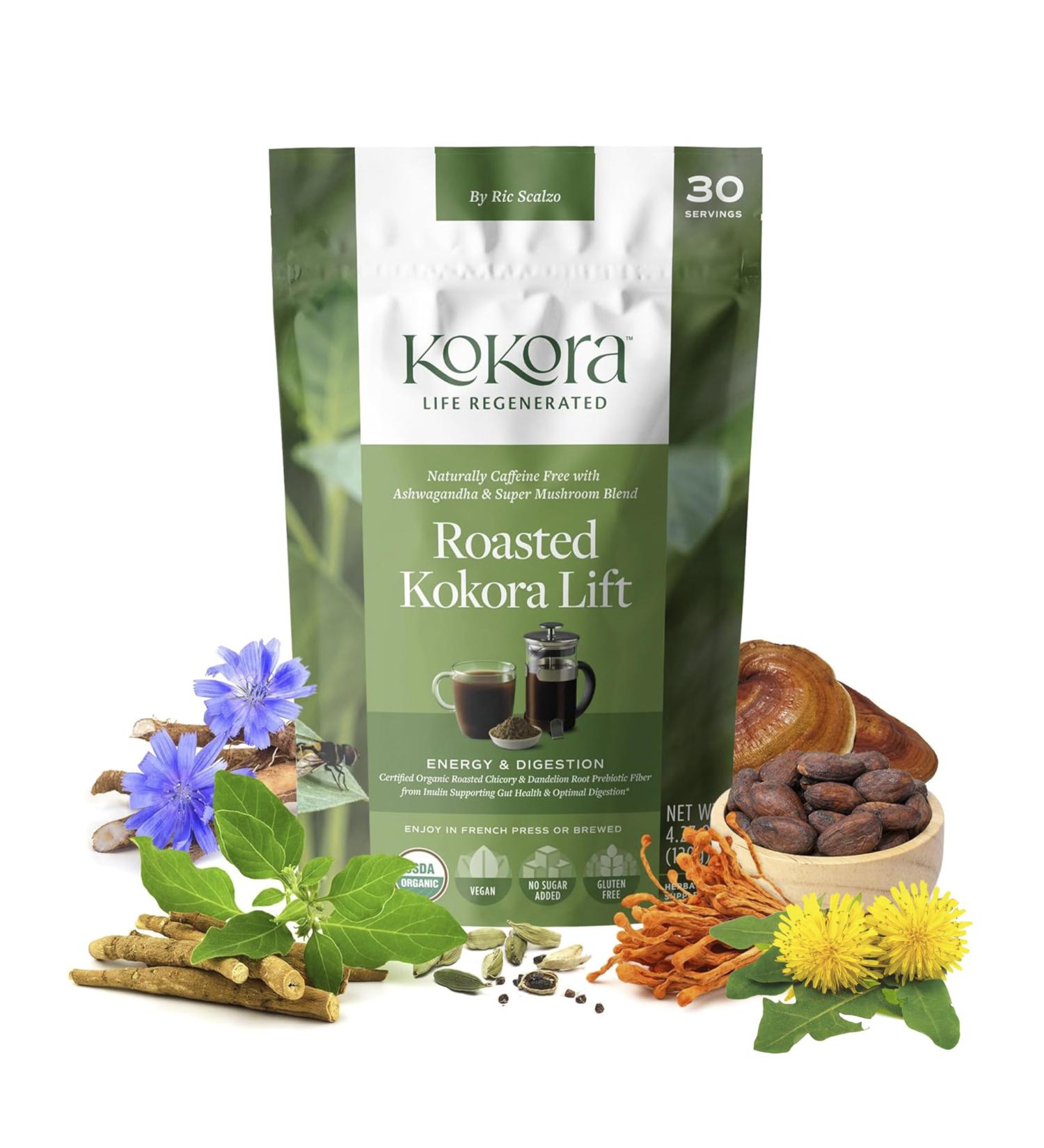 kokora - Roasted Kokora Lift - Dandelion Chicory Ashwagandha Root Powder with Super Mushrooms - Energizes & Promotes Healthy Digestion - Vegan Gluten Free No Added Sugar - 30 Servings - 120g - Buy Online on GoSupps.com