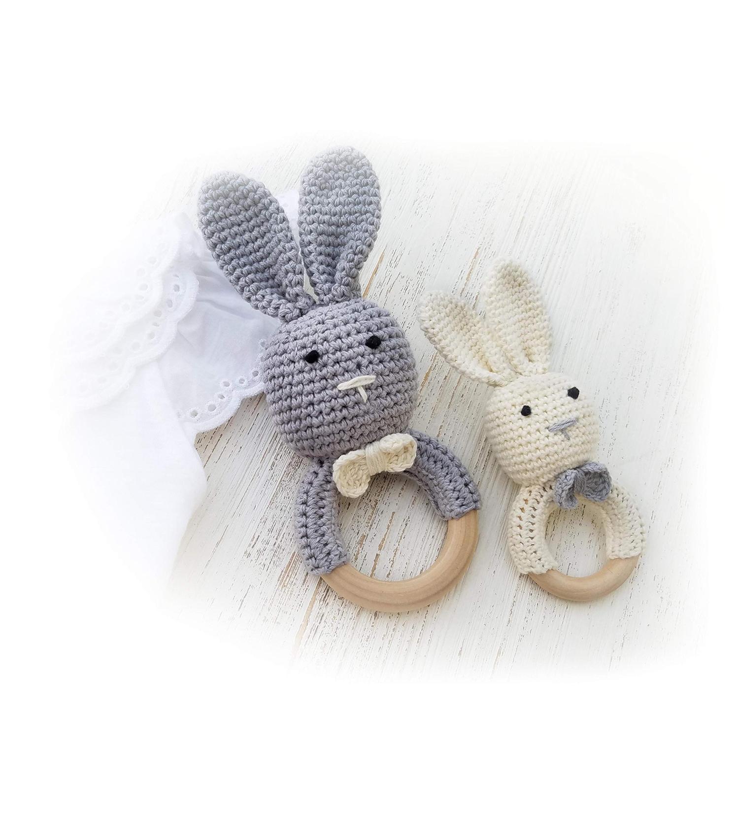 Organic Cotton Bunny Teething Ring & Rattle Set | Wooden Baby Toy | Unisex Newborn Gift (Grey Mama, White Baby) - Buy Online on GoSupps.com