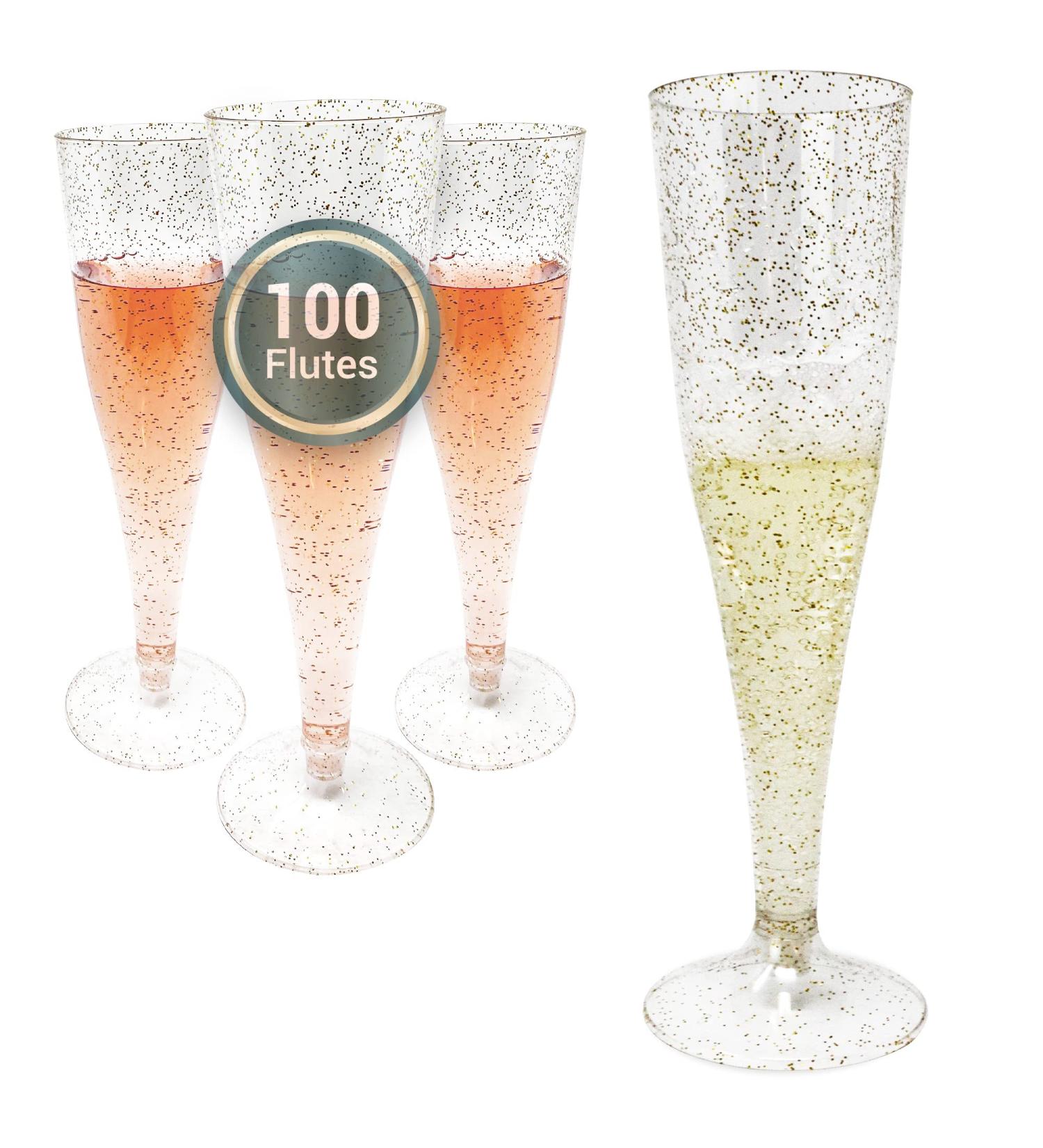 Gold Glitter Plastic Champagne Flutes 4.5 Oz (100 Bulk Pack) | BPA-Free, Shatterproof | Ideal for Mimosa, Cocktail, Wedding | Disposable Clear Glasses - Buy Online on GoSupps.com