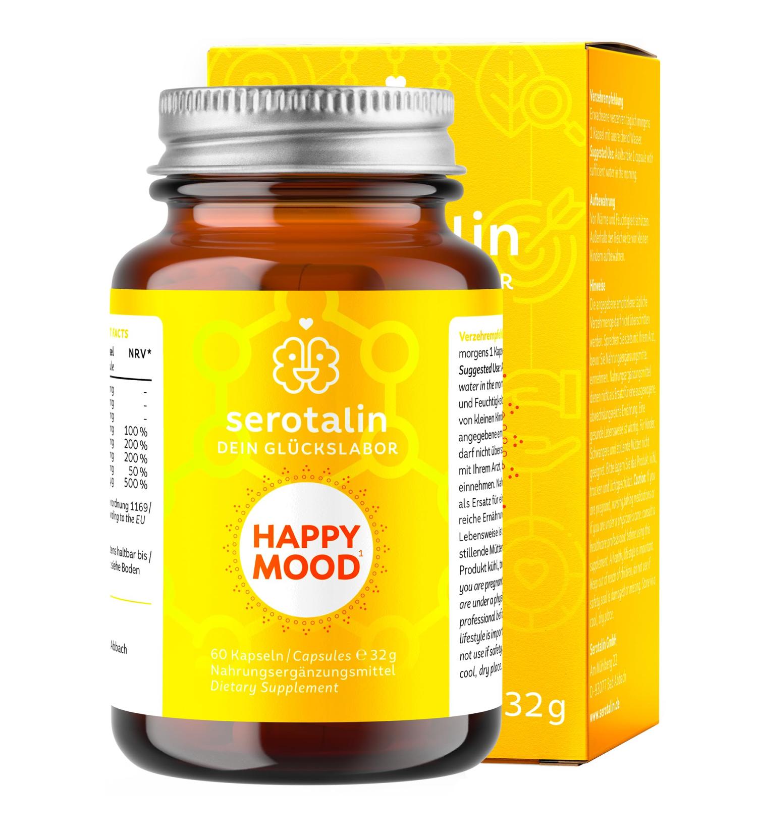 Serotalin Happy Mood Capsules - St. John's Wort Griffonia & L-Tryptophan | Vegan Mood Support with Vitamins & Minerals | 60 Capsules for 2 Months - Caffeine-Free - Buy Online on GoSupps.com