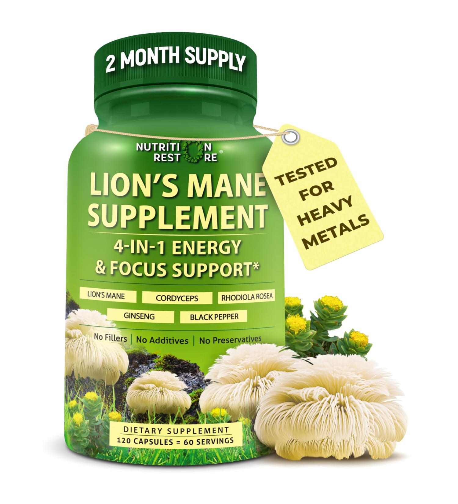 Organic Lion's Mane Supplement Capsules - Contains Naturally Occurring Beta Glucans & Polysaccharides, Enhanced with Organic Energy & Focus Support Blend: Cordyceps, Rhodiola Rosea, Ginseng, 120 Count Lion's Mane + - Buy Online on GoSupps.com