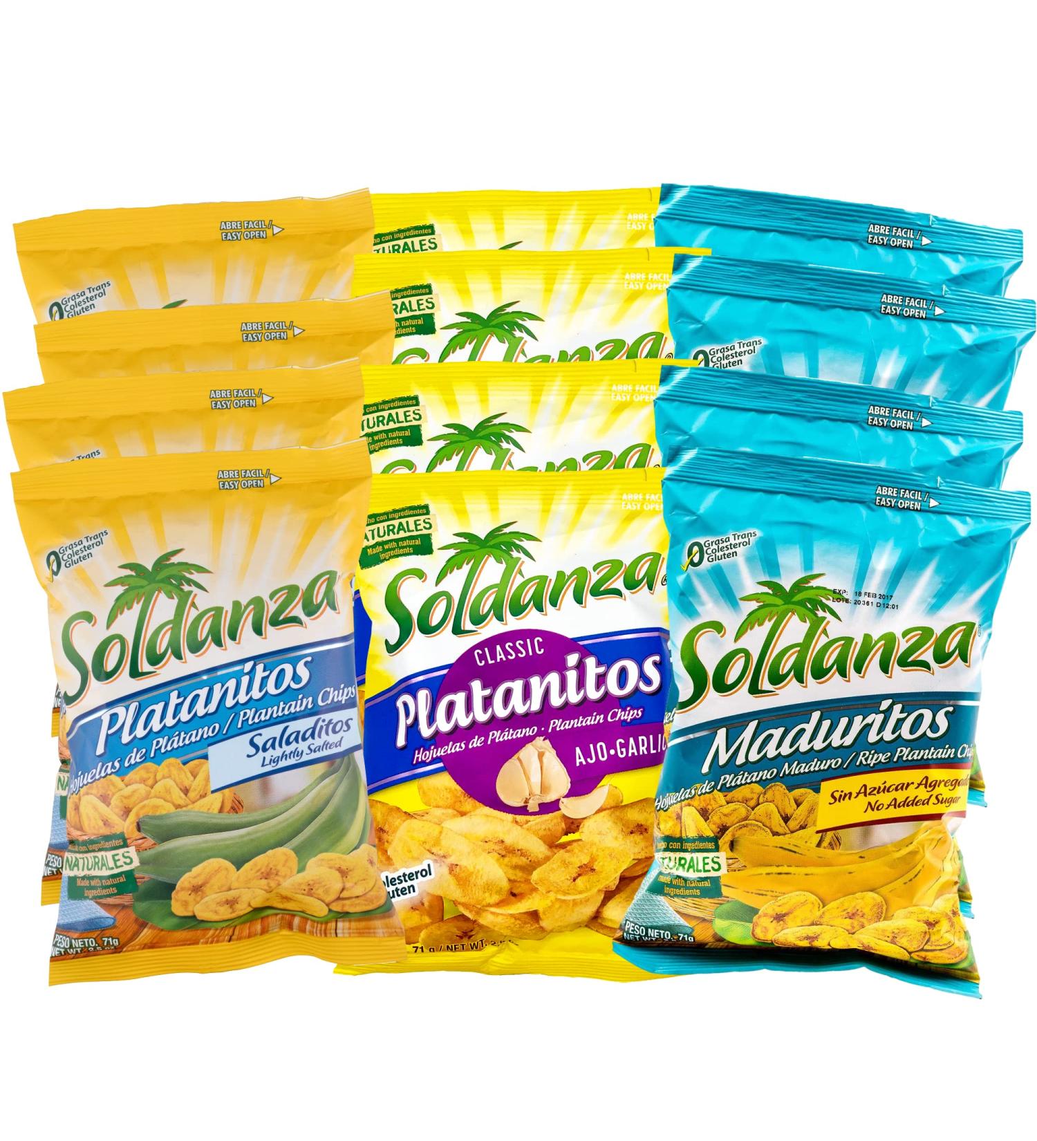 Soldanza Plantain Chips, Variety Pack 2.5 oz (Pack of 12) 4 x Salted Plantain Chips, 4 x Ripe Plantain Chips, 4 x Garlic Plantain Chips