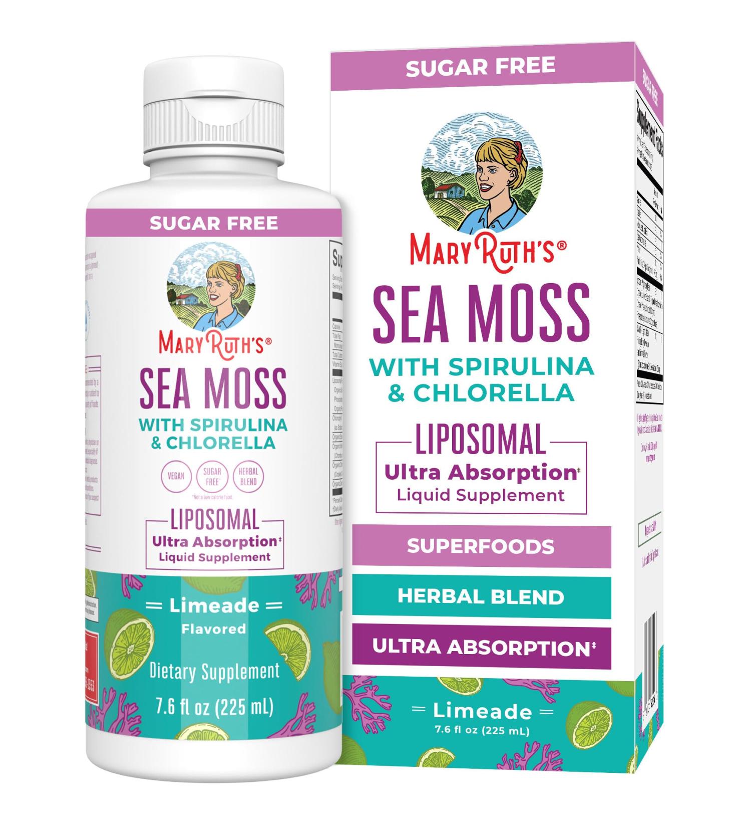 MaryRuth Organics Sea Moss with Spirulina and Chlorella Liposomal | Chlorophyll | Dandelion Root | Superfood | Ultra Absorption | Vegan | Non-GMO | Gluten Free | 7.6 fl oz | 15 Servings - Buy Online on GoSupps.com