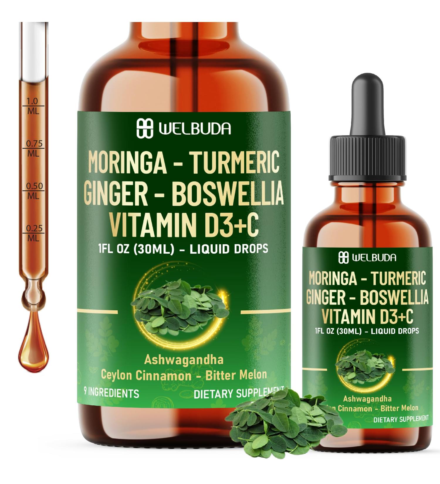 9in1 Moringa Liquid Drops with Ginger Boswellia Vitamin D3-C Ceylon Cinnamon Ashwagandha Ceylon Cinnamon and Bitter Melon - Support Immune Overall Wellness - 1 FL Oz - 30 Servings - Buy Online on GoSupps.com