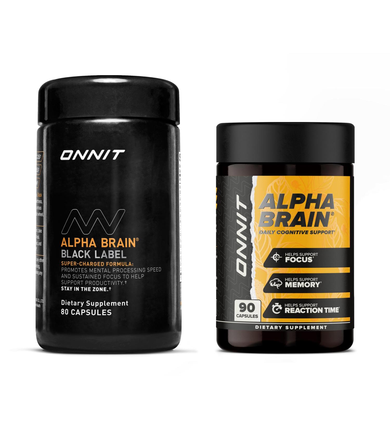 ONNIT Cognitive Performance Bundle: Alpha Brain Nootropic Capsules (90 Count) + Alpha Brain Black Label Capsules (80 Count) IGEN Non-GMO Tested Focus Mental Clarity & Alertness Pack of 2 - Buy Online on GoSupps.com