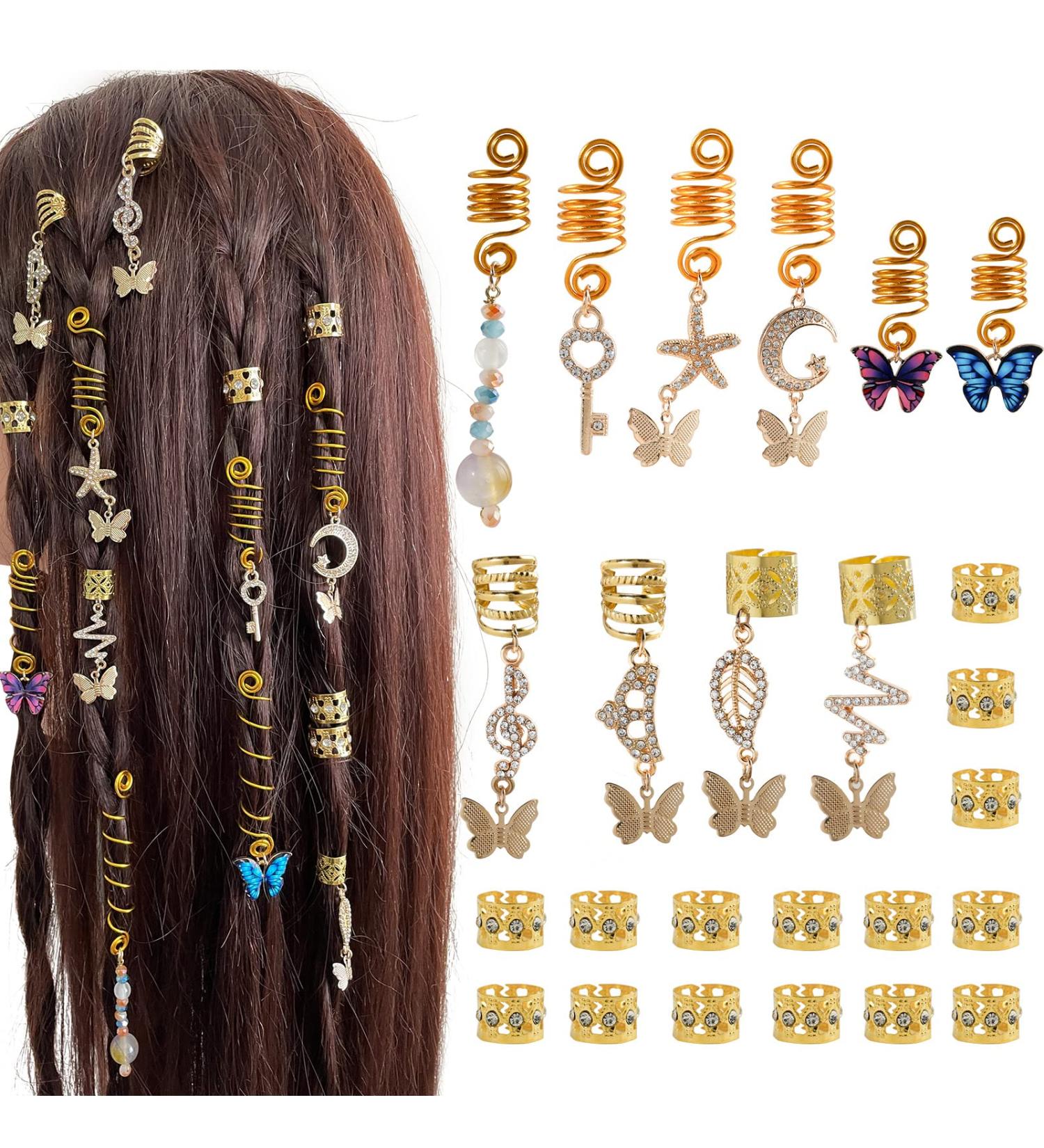 FRDTLUTHW Butterfly Hair Charms for Braids - Set of 25 Gold Hair Rings and Cuffs | Rhinestone Accessories for Women and Girls - Buy Online on GoSupps.com