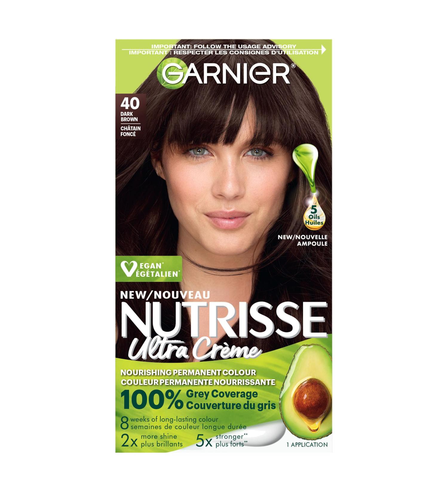 Garnier Nutrisse Ultra Cr me Permanent Hair Dye 100% Grey Coverage Vegan Formula Nourished Hair Long-Lasting Rich Colour 40 Dark Brown 1 Application Packaging May Vary - Buy Online on GoSupps.com