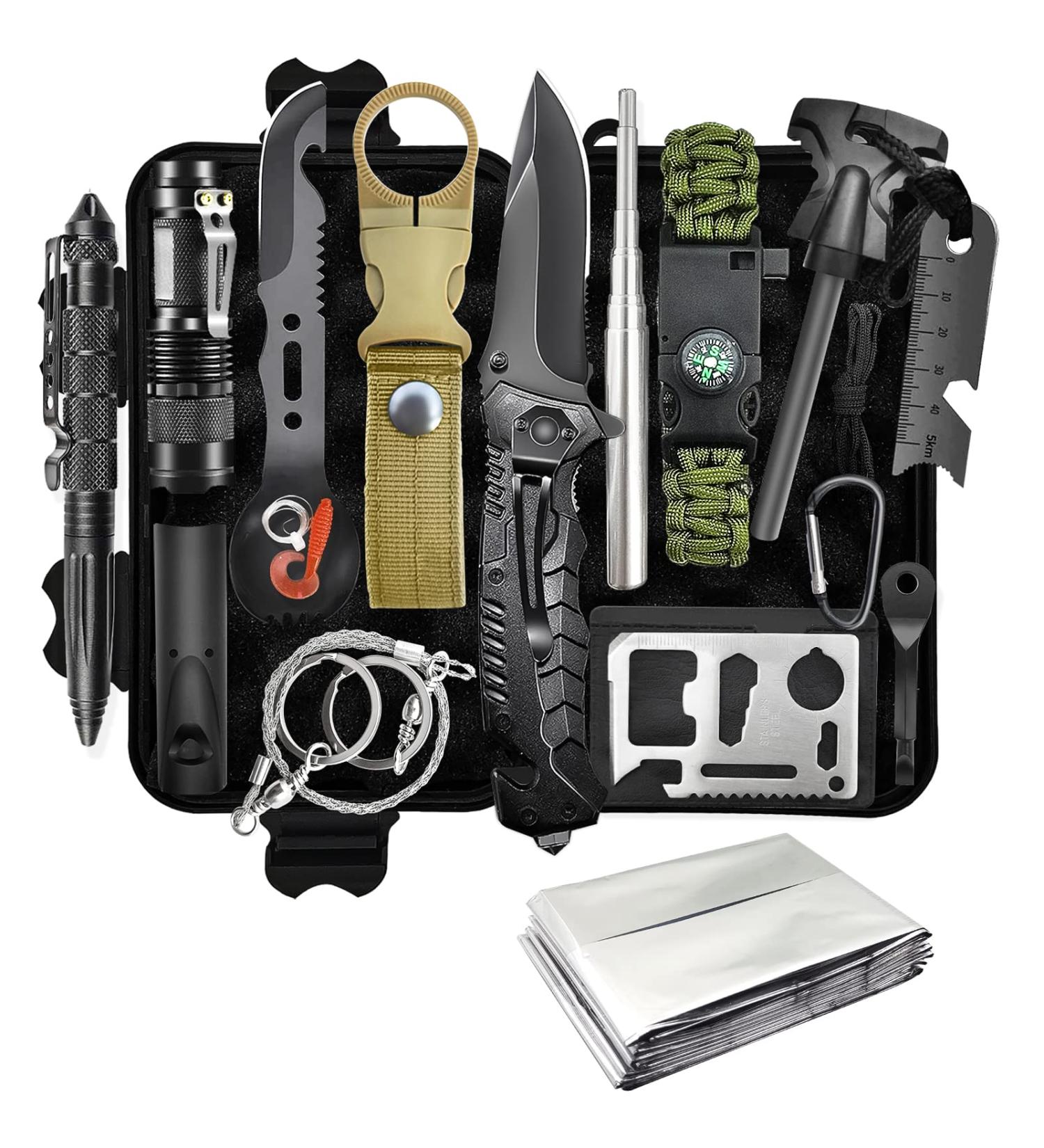 Survival Kit 13 in 1 - Professional Emergency Gear with Knife & Flashlight for Camping Hiking Fishing Adventure | Ideal Gift for Men & Fathers - Buy Online on GoSupps.com