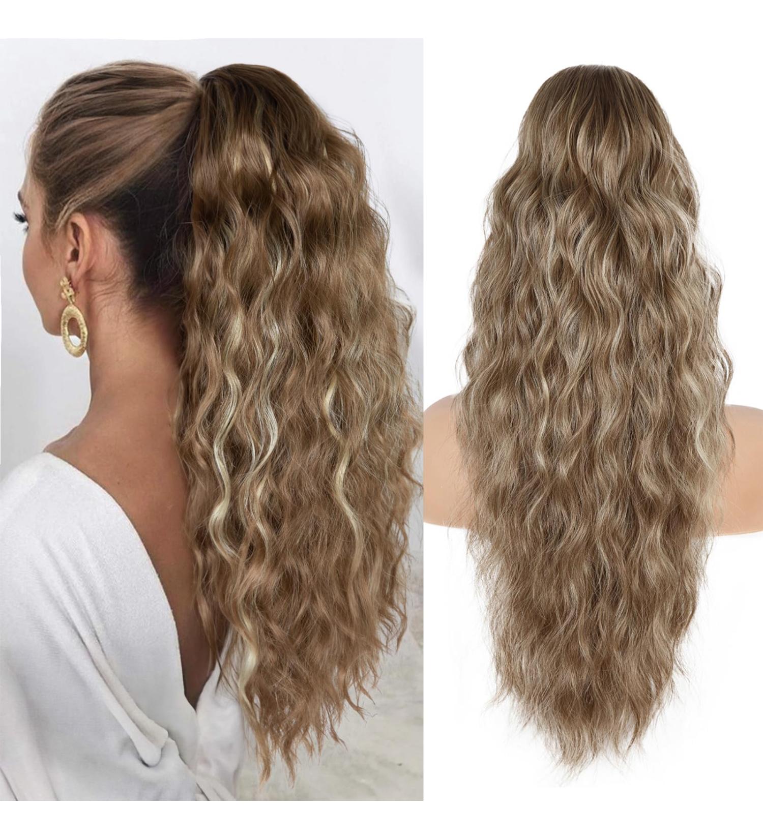 26 Inch Natural Drawstring Ponytail Extension | Long Wavy Synthetic Hair | Medium Brown Highlighted Blonde | For Daily Use - Buy Online on GoSupps.com
