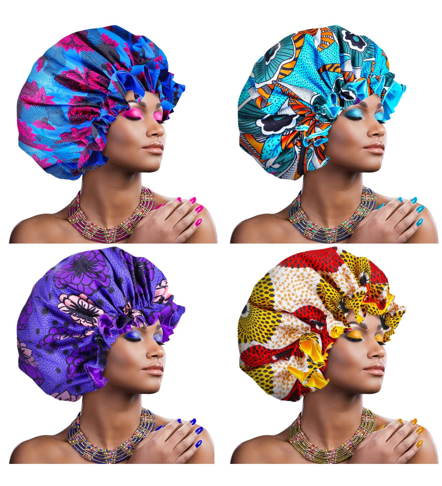 Janmercy African Satin Bonnet 4 Pcs Set - Adjustable Buckle, Double Layer Sleep Cap for Women - Extra Large Reversible Night Hair Bonnets (Retro Style) - Buy Online on GoSupps.com