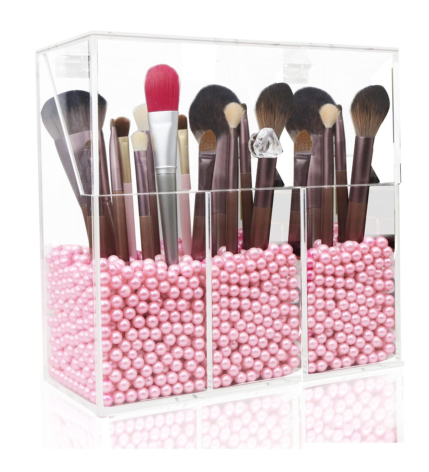 Lumcrissy Acrylic Makeup Brush Organizer with Protective Lid - Dust-proof Cosmetic Storage Case - Pink Pearl 3holder - Buy Online on GoSupps.com