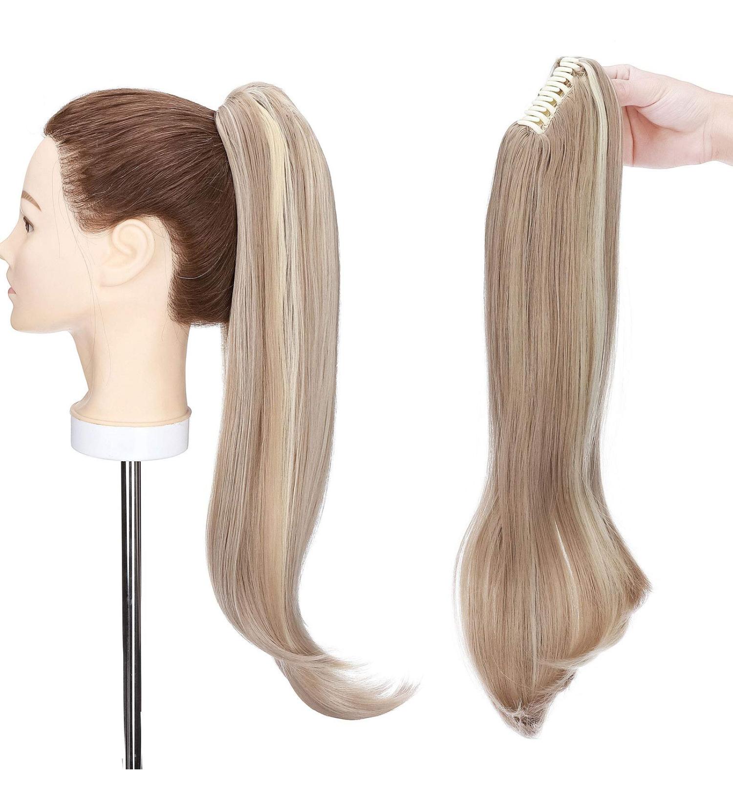 55 cm Claw Clip Ponytail Extensions - Curly Wavy Synthetic Hair for Women - Sandy & Bleached Blonde - Buy Online on GoSupps.com