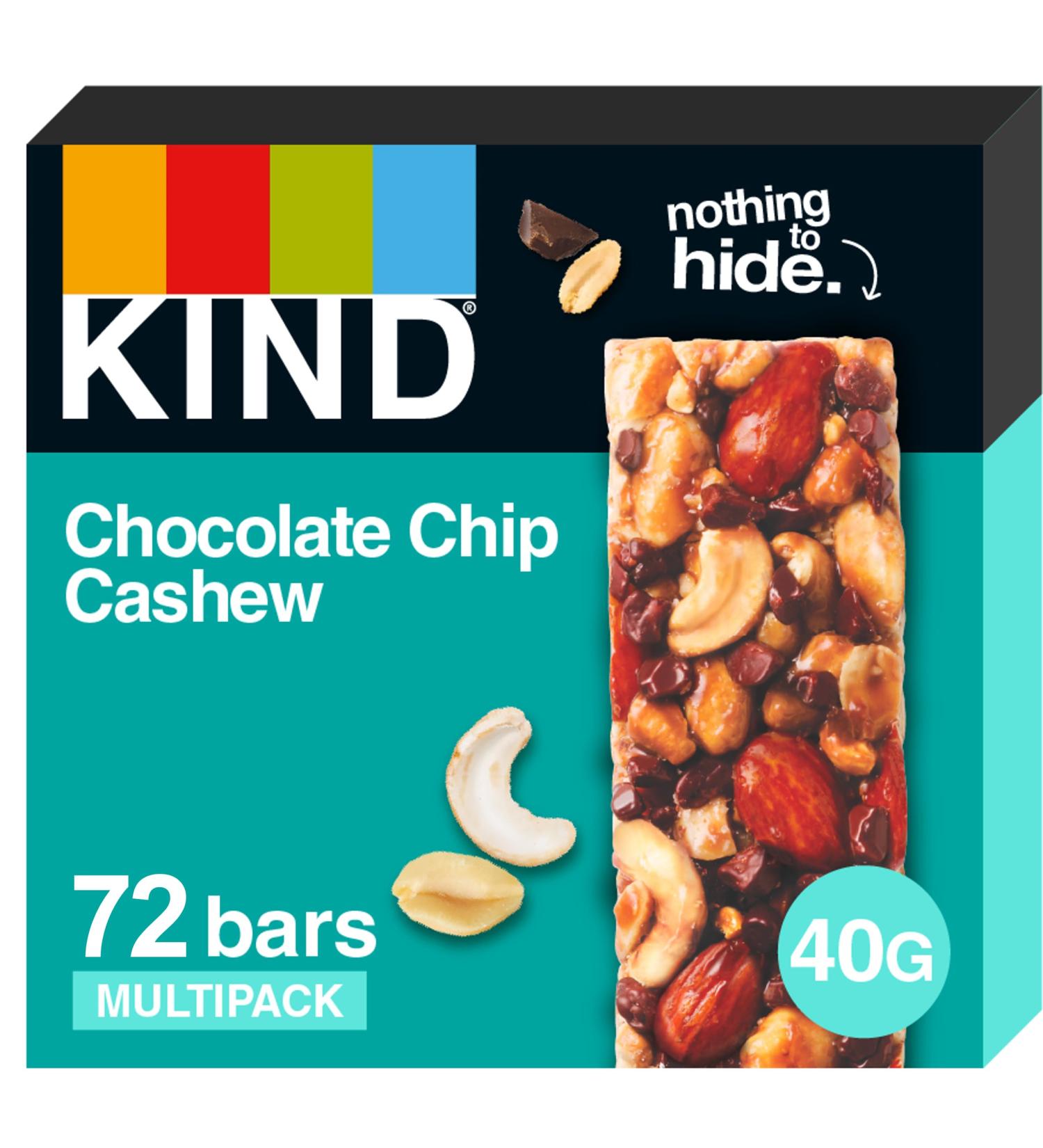 KIND Bars Bulk Pack Chocolate Chip Cashew High Fibre Gluten Free Snack Bars No Artificial Colours Flavours or Preservatives 72 x 40g bars - Buy Online on GoSupps.com