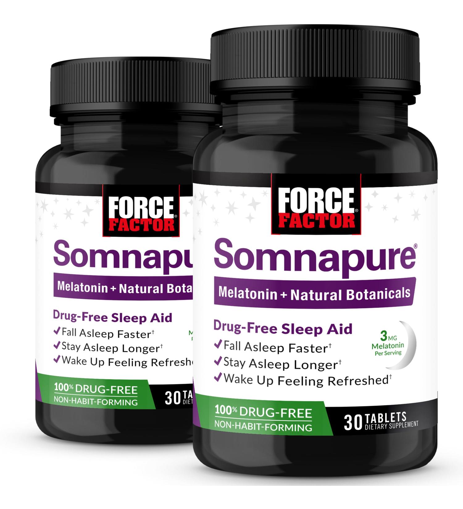 Force Factor Somnapure, 2-Pack, Drug-Free Sleep Aid for Adults with Melatonin, Valerian Root, and Lemon Balm, Non-Habit-Forming Sleeping Pills, Fall Asleep Faster, Wake Up Refreshed, 60 Tablets - Buy Online on GoSupps.com