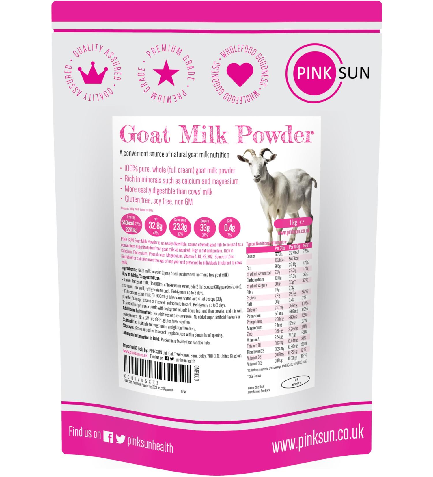 PINK SUN Goat Milk Powder 1kg - Full Cream, Gluten Free, Convenient Whole Fat Dried Powder - Buy Online on GoSupps.com