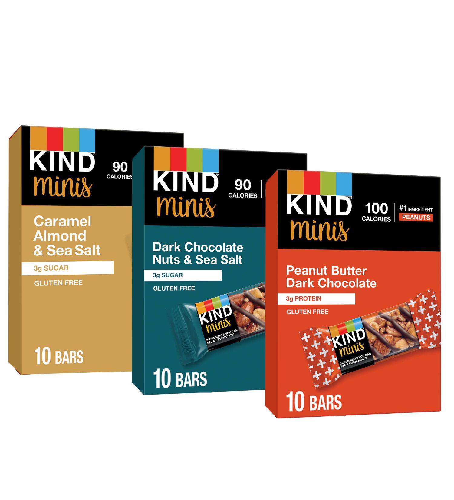 KIND Bar Minis Variety Pack - Dark Chocolate  Nuts  Caramel  Gluten-Free  Low Sugar - 30 Count (0.7 oz each) - Buy Online on GoSupps.com