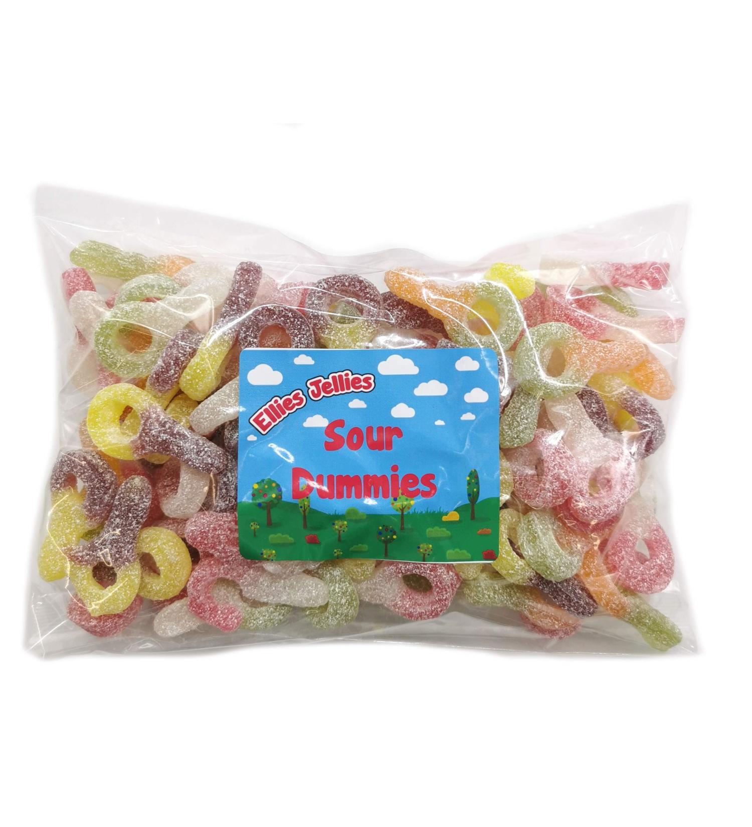 Ellies Jellies Sour Dummies 500g Bag Gums Fruit Flavour Multi-Coloured Sugar-Dusted