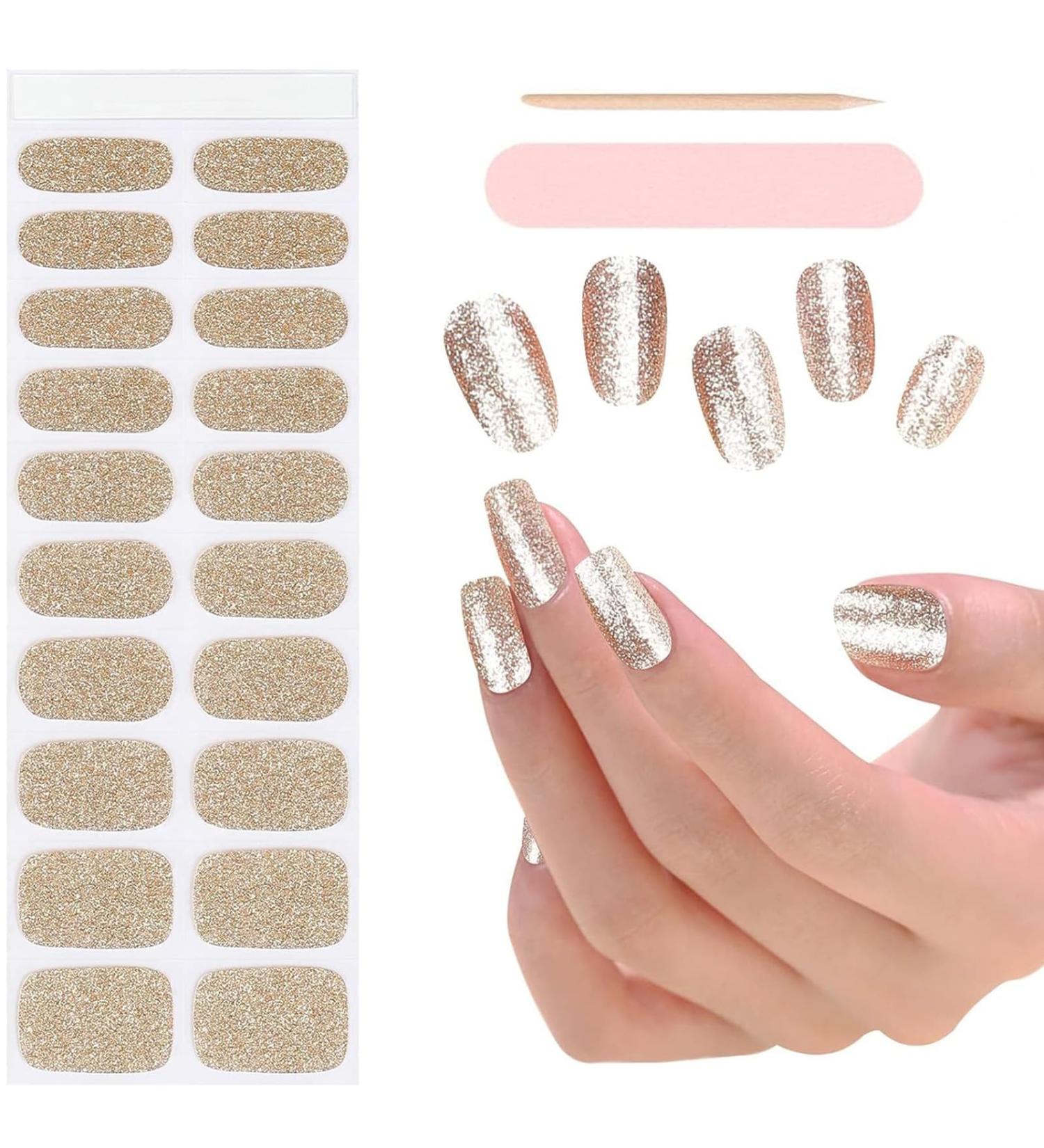 Ebanku 20pcs Gold Glitter UV Gel Nail Foil Stickers - Self-Adhesive Nail Wraps with File & Stick for Women & Girls - Perfect Nail Decoration - Buy Online on GoSupps.com