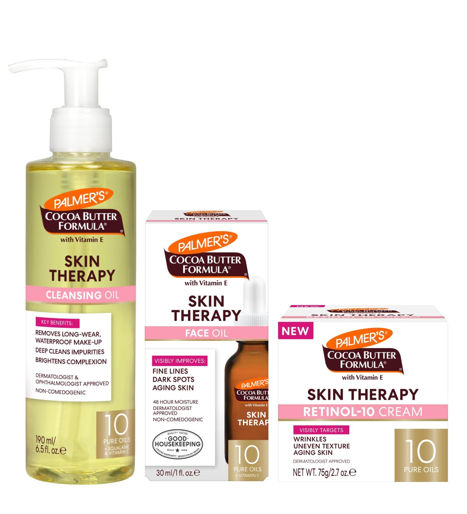 Palmer's Cocoa Butter Formula Skin Therapy Oil Face Regimen Bundle Cleansing Oil (6.5 Oz) + Retinol-10 Cream (2.7 Oz) + Facial Oil (1 Oz) Anti-Aging & Moisturizing All Skin Types