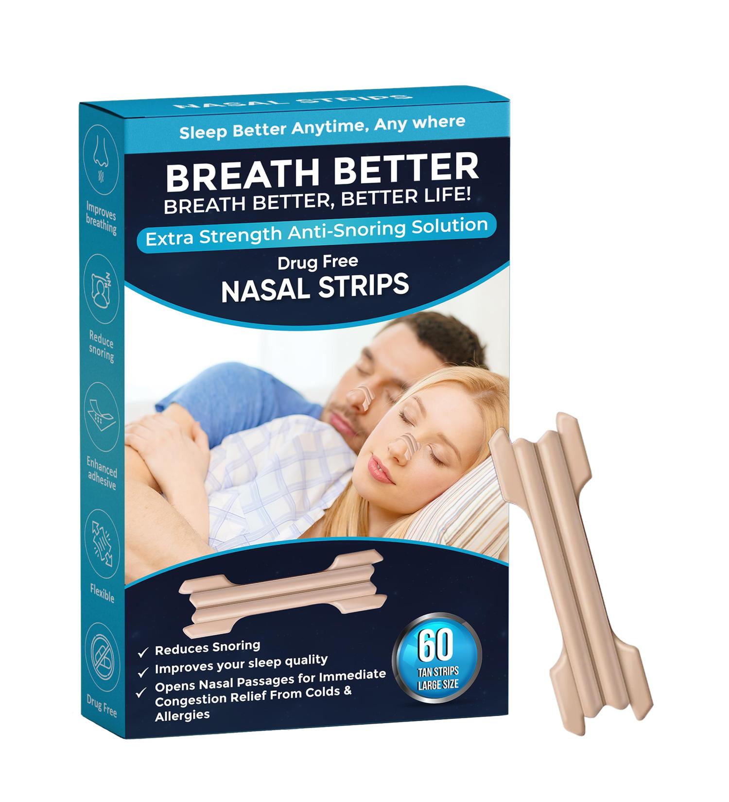 Large Tan Nasal Strips - Extra Strength Anti-Snoring Solution Drug-Free Relief for Sleep & Congestion (60 Pieces - Buy Online on GoSupps.com