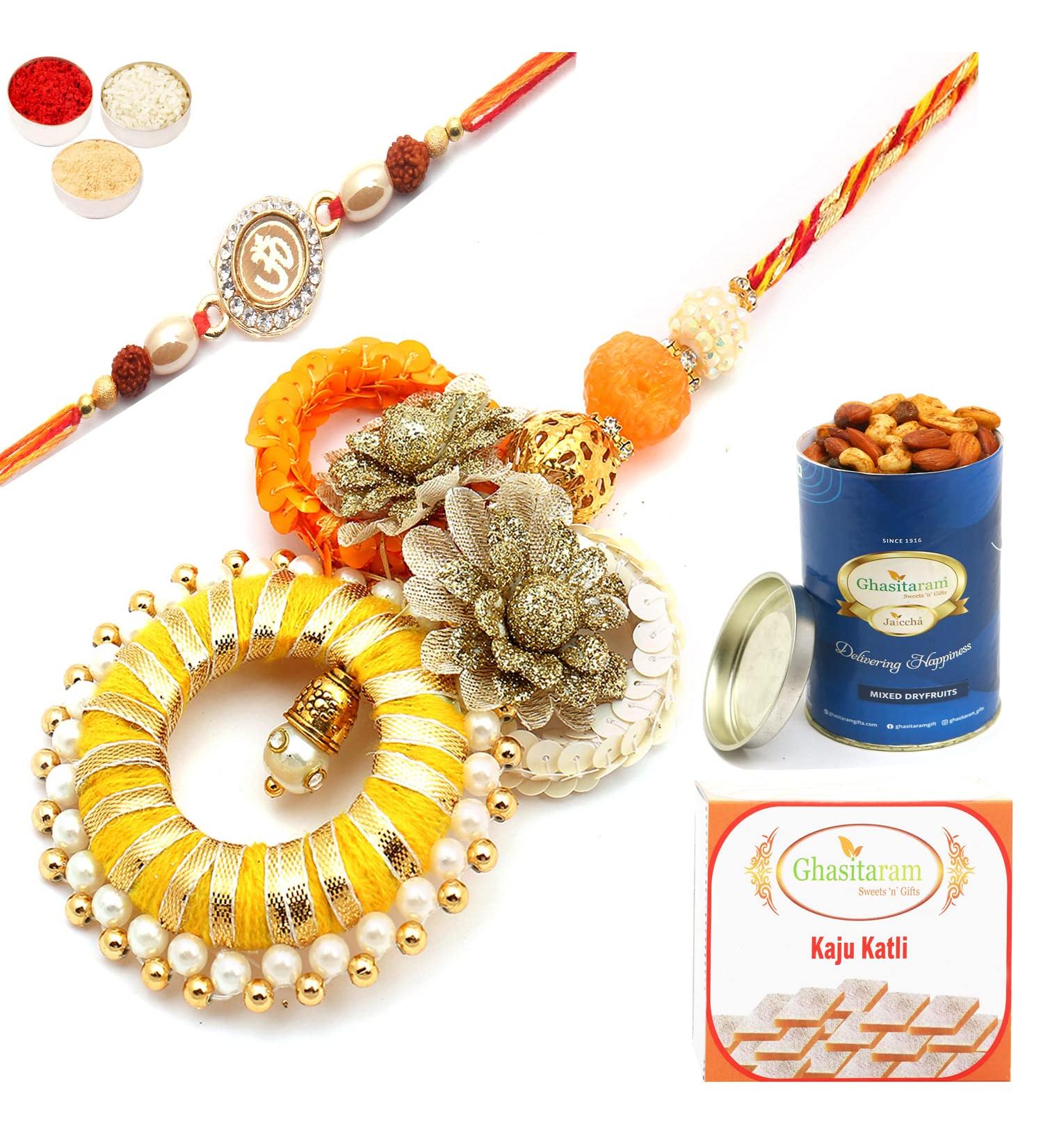 Ghasitaram Gifts Rakhis Online - Echoes of Care rm071 Bhaiya Bhabhi Rakhi with 100 GMS of Dryfruits Mix Can 200 GMS of Kaju katli Rakhi Set & 100g Dryfruits Mix Can 200g Kaju katli - Buy Online on GoSupps.com