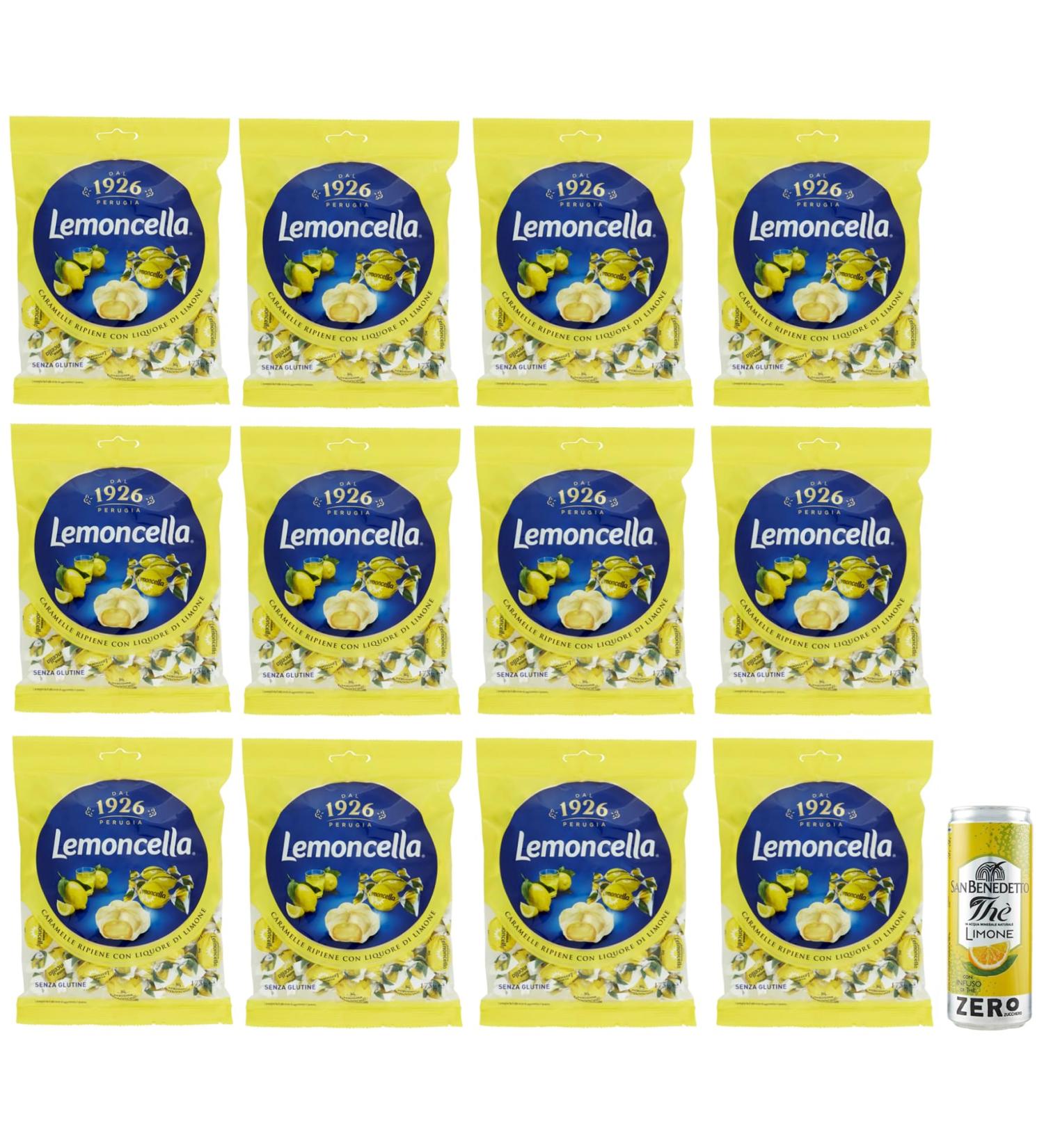 Fida Perugia Lemoncella Lot de 12 sachets de 175 g de bonbons remplis de liqueur de citron + 1 sachet de th glac San Benedetto au citron sans sucre Bo te de 330 ml - Buy Online on GoSupps.com