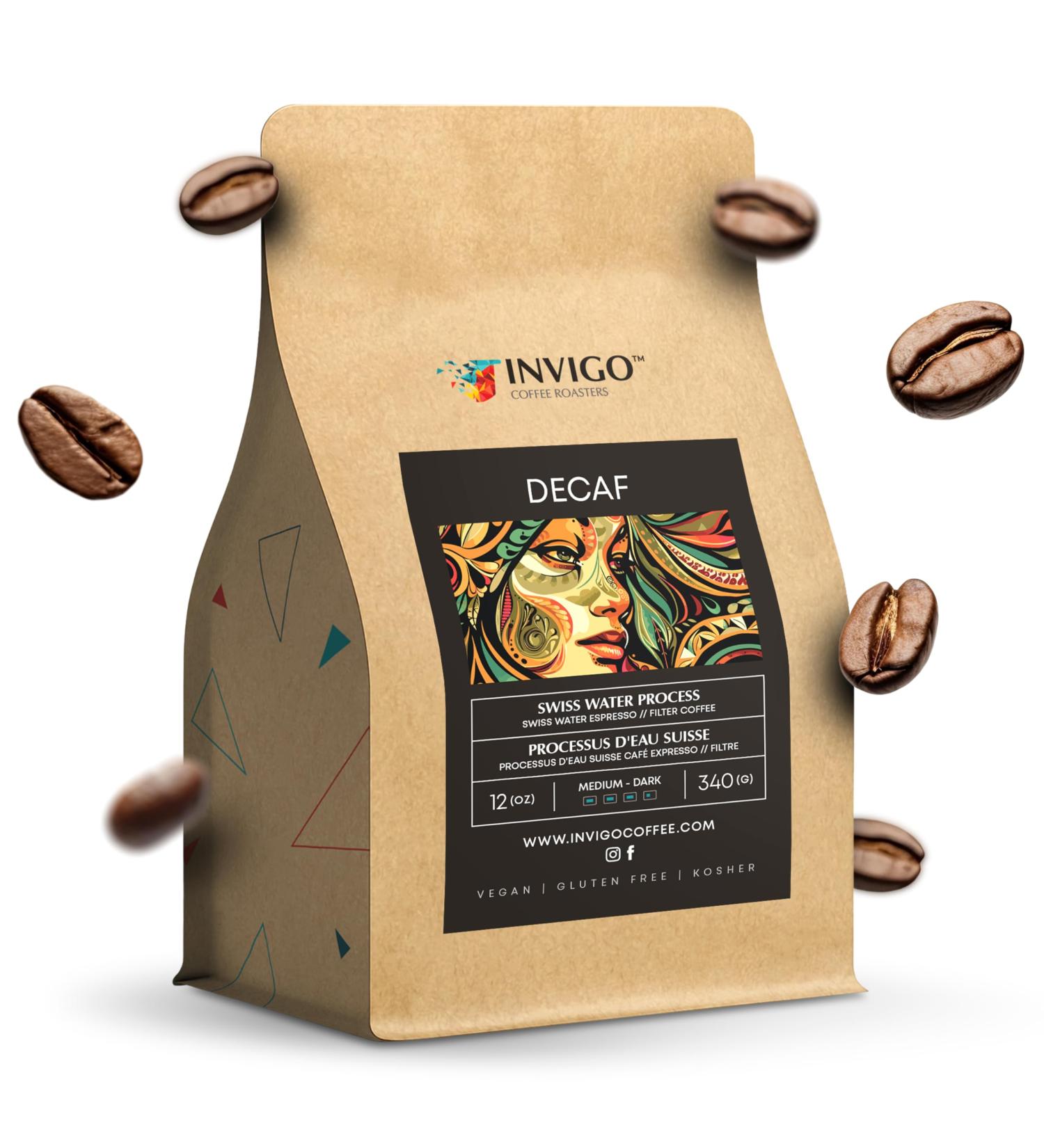 Invigo Filter Coffee Beans 340g - Whole Beans Decaf Espresso Coffee Beans Small Batch & Local Premium Roasting Vegan & Gluten-Free Gift for Coffee Lovers Whole Bean Medium Dark Roasting - Buy Online on GoSupps.com
