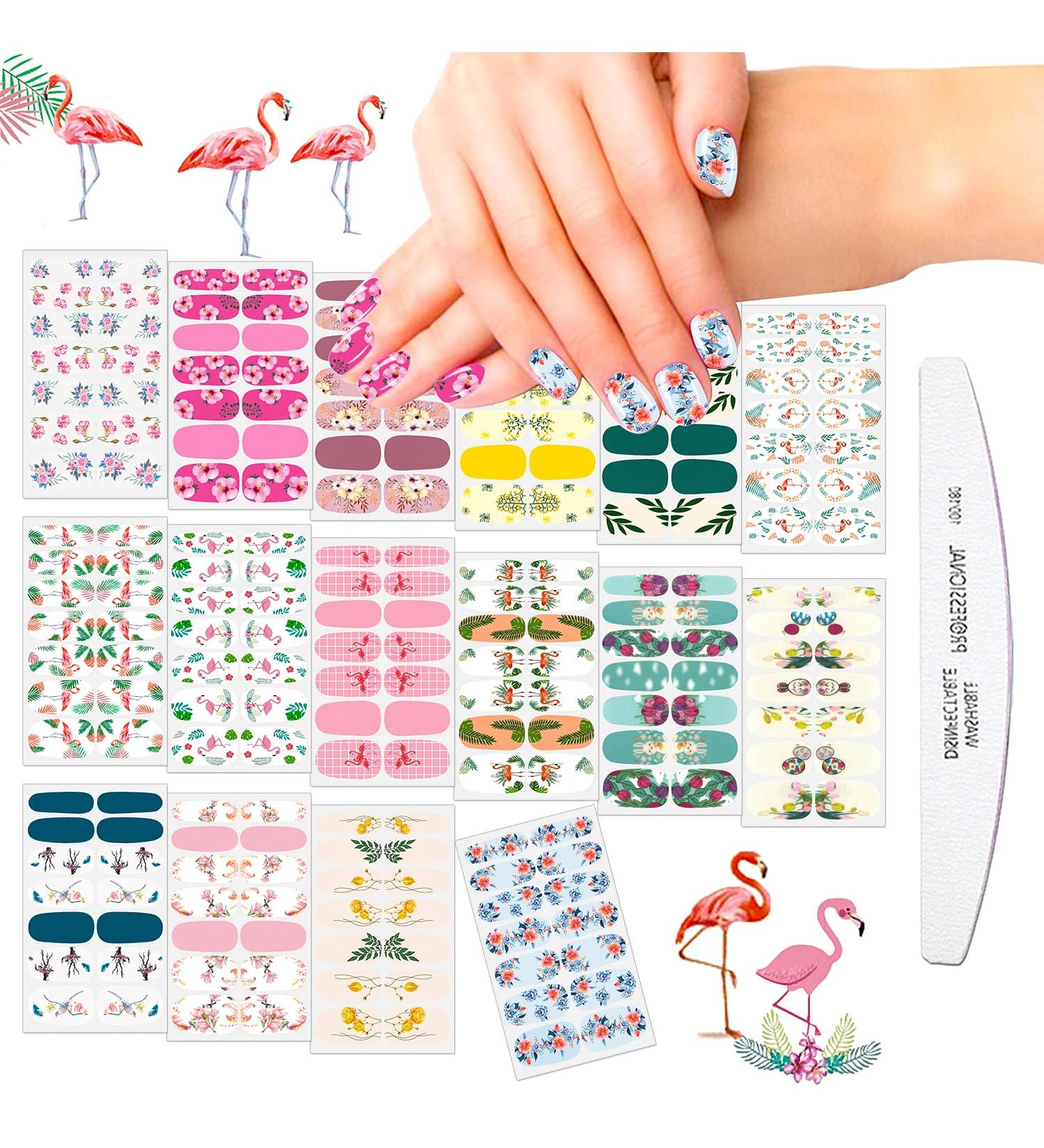 JERCLITY Flower Nail Polish Strips - 16 Sheets Spring Nail Wraps with Nail File | Self-Adhesive Flamingo & Bird Nail Stickers for Women & Kids | Manicure Kit for DIY Nail Art - Buy Online on GoSupps.com