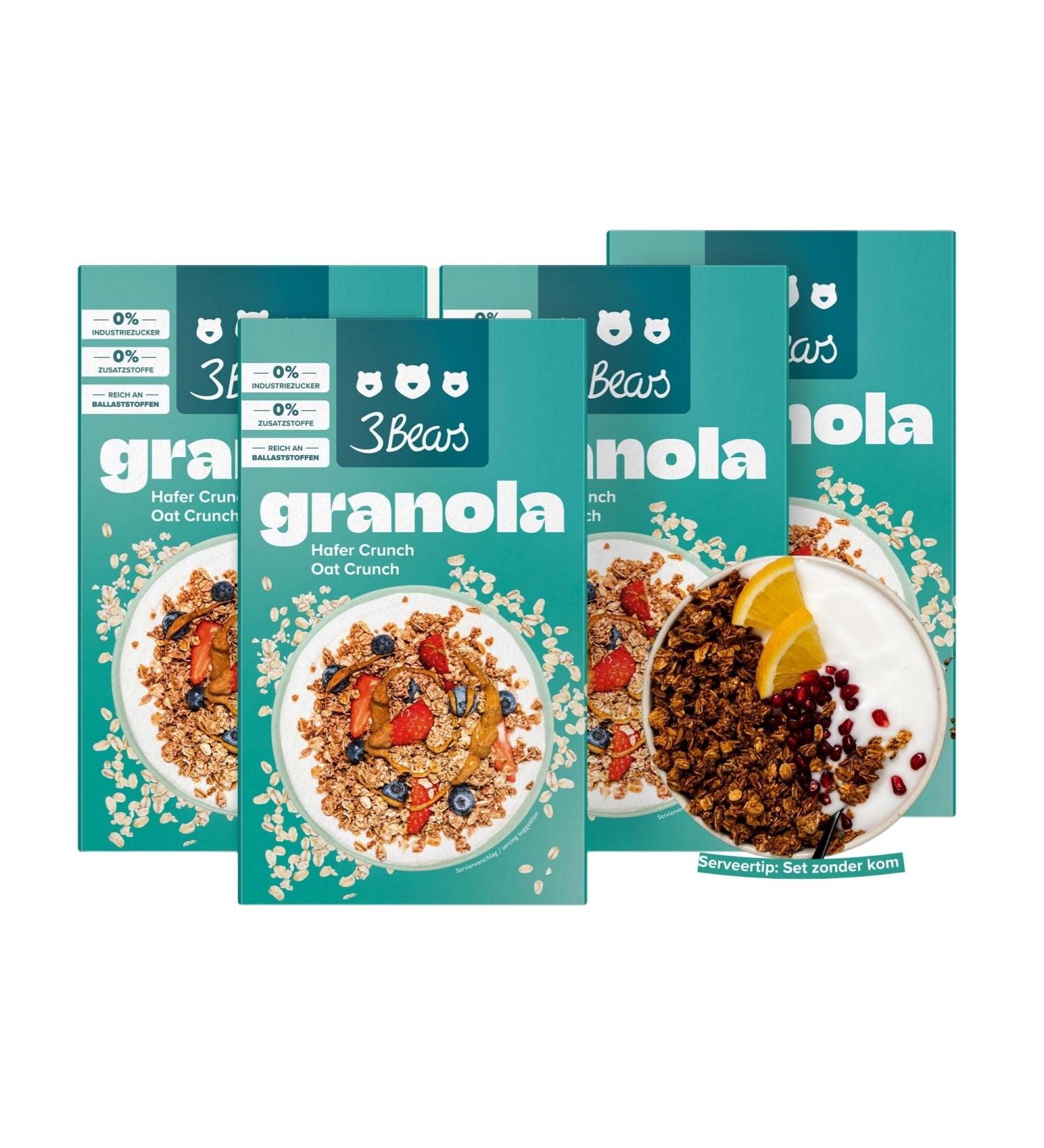 3Bears Granola Oat Crunch Crunchy & vegan granola with coconut flakes and cinnamon 4x325g Without industrial sugar In collaboration with Sarah Harrison Coconut cinnamon - Buy Online on GoSupps.com