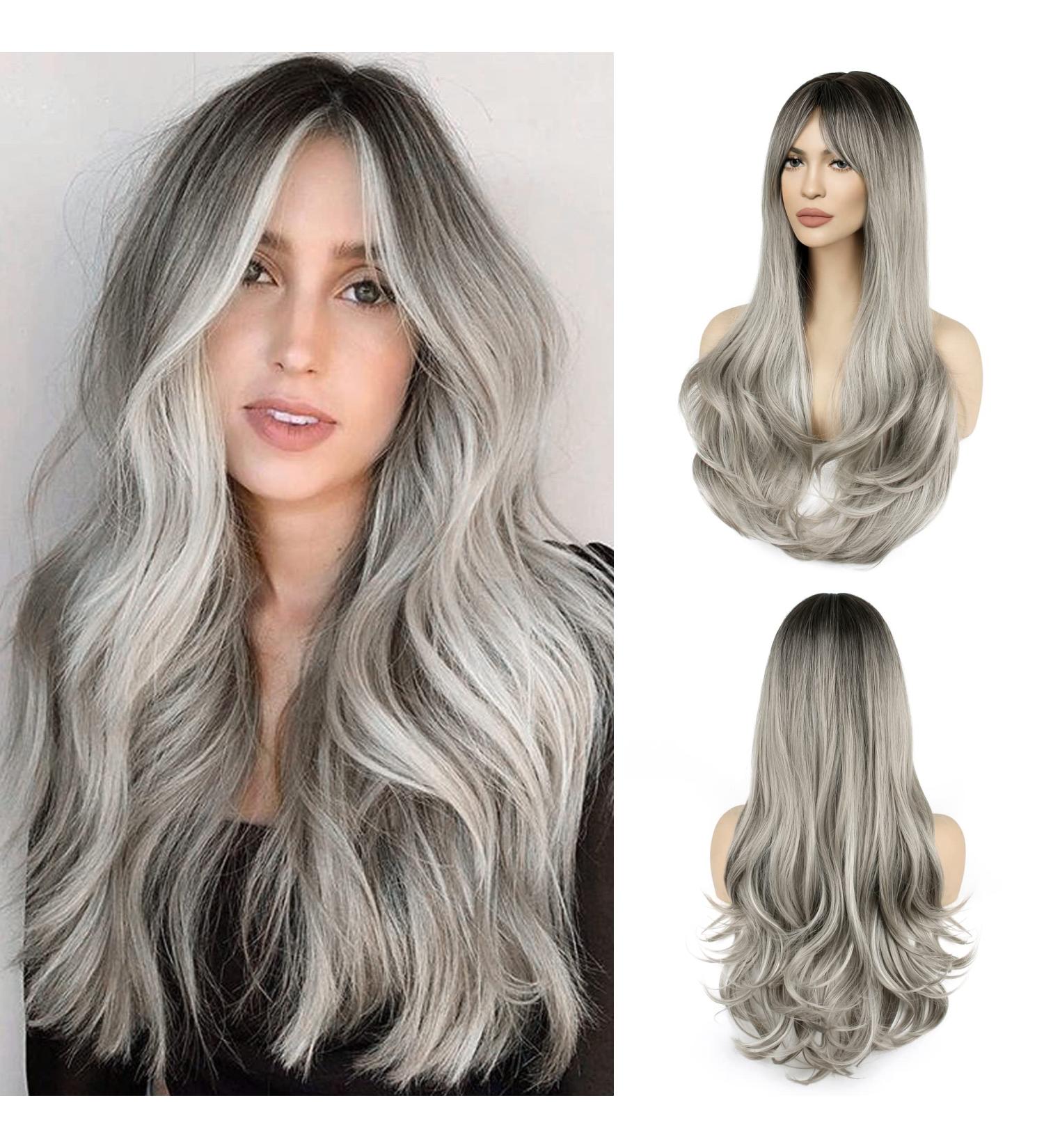 Faelbaty Long Curls Silver-Gray Wig | Ombre Brown to Gray | Natural Look | Ideal for Women & Girls - Party & Cosplay (24 Rh6/171/gray) - Buy Online on GoSupps.com