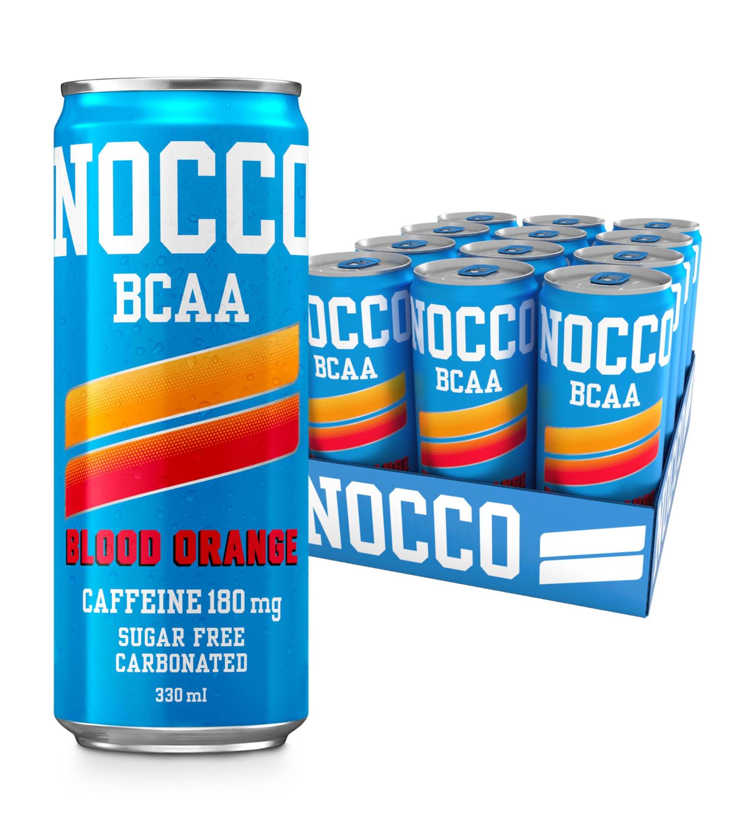 NOCCO Energy Drink BCAA 180mg Caffeine sugar free drinks enhanced with amino acids and vitamins pre workout fizzy drinks 12 x 330ml Blood Orange Del Sol - Buy Online on GoSupps.com