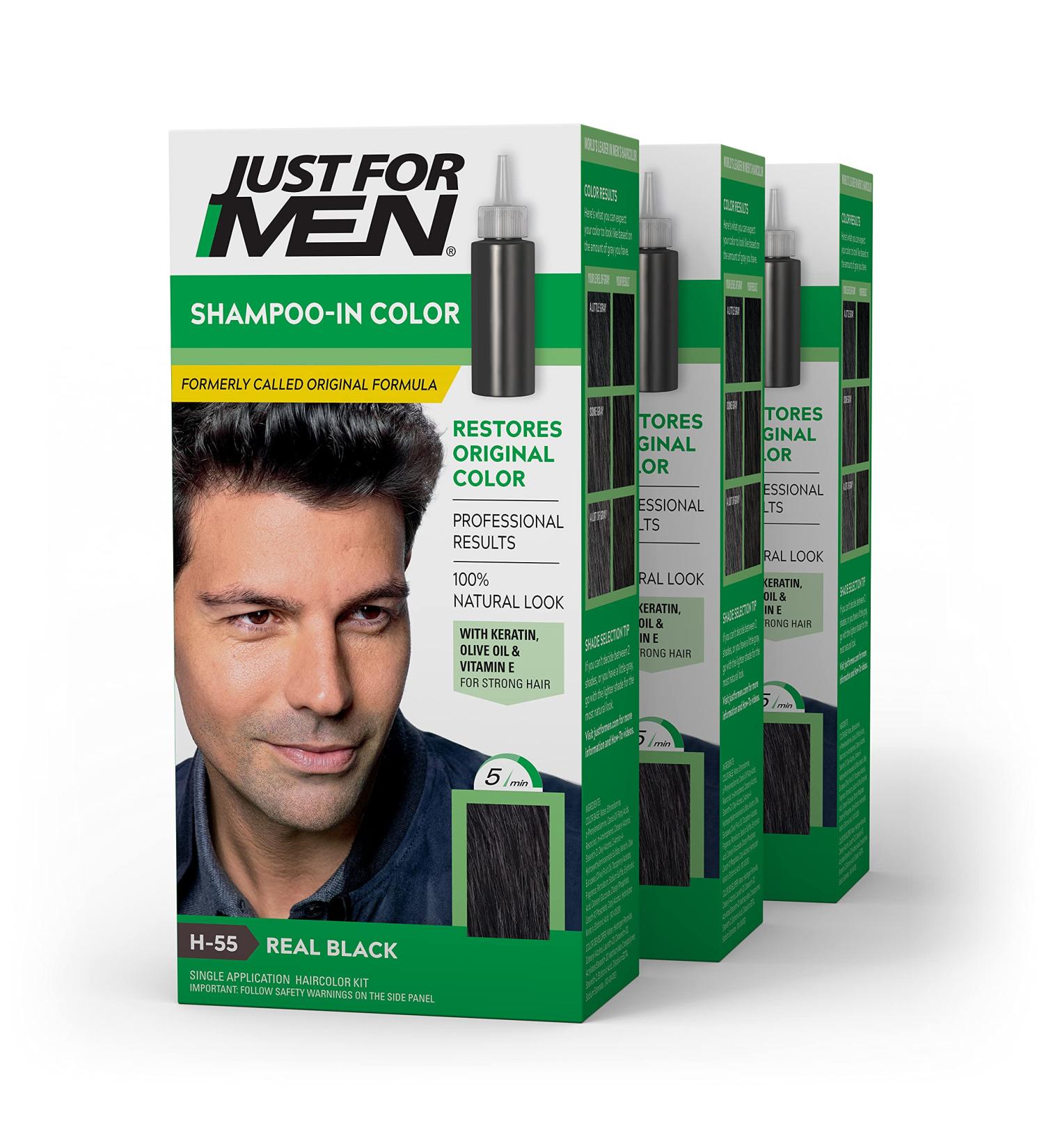 Just For Men Shampoo-In Color Real Black H-55 3 Pack with Vitamin E for Stronger Hair - Men's Hair Dye (Formerly Original Formula) - Buy Online on GoSupps.com