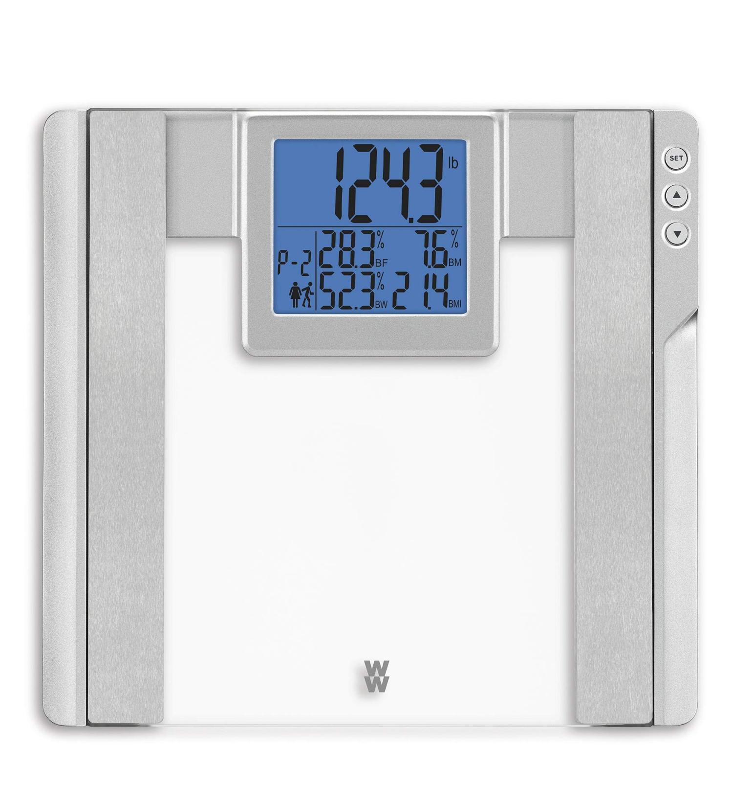 WW Scales by Conair Body Analysis Glass Bathroom Scale - 4 User Memory, 400 Lbs. Capacity, Silver with Blue Backlight - Buy Online on GoSupps.com
