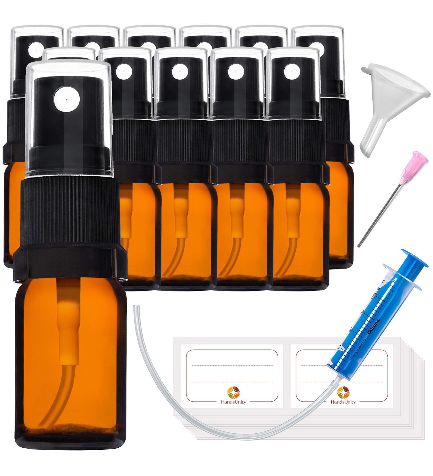Handsunity 5ml Amber Glass Spray Bottles Set - 12 Pack with Black Atomizer & 29 Accessories | Perfect for Pharmacy & DIY Projects - Buy Online on GoSupps.com