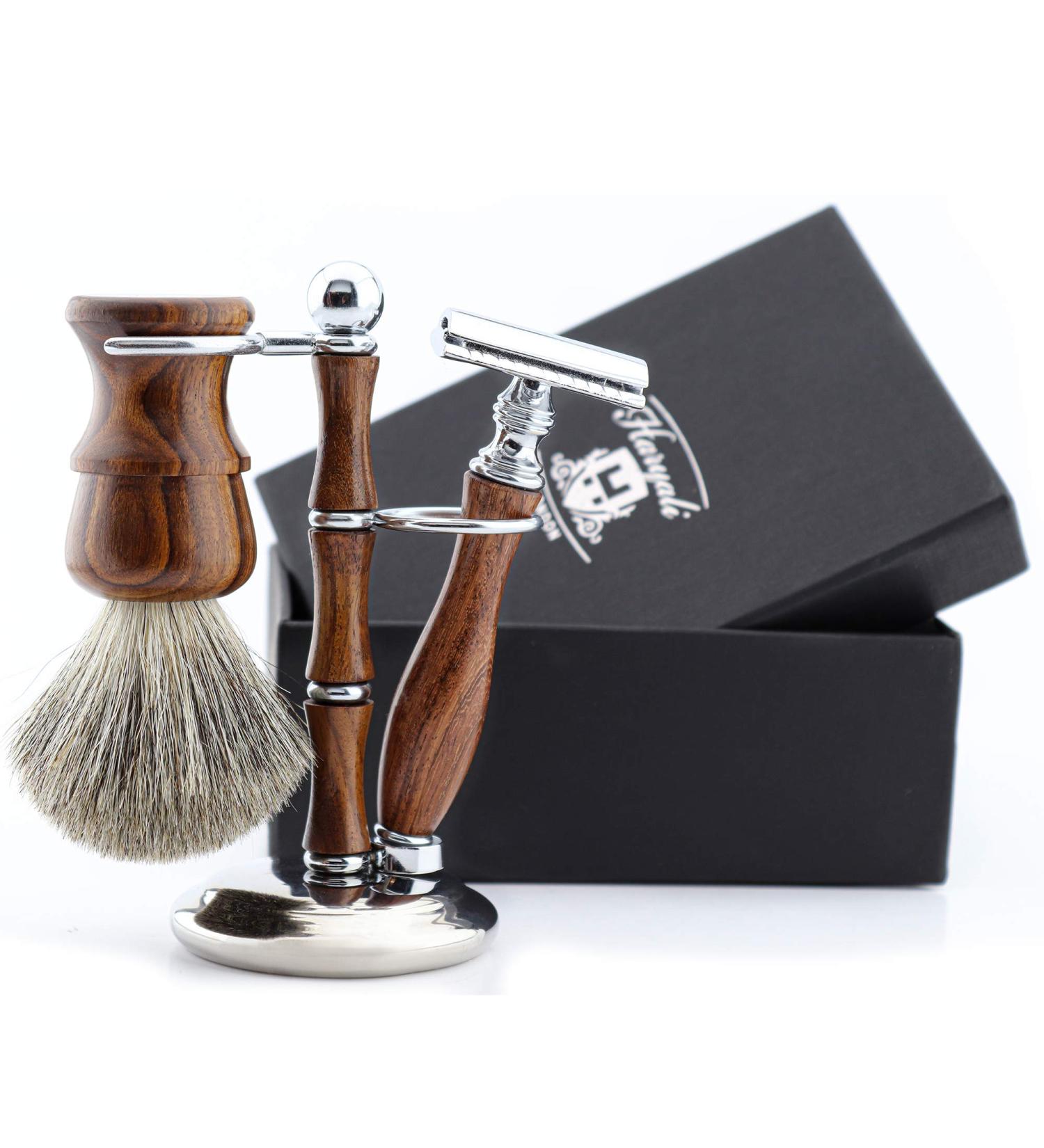 Haryali London Shaving Kit - 3 Pc Wooden Set with Double Edge Razor, Super Badger Brush & Stand - Sustainable Gift Set - Buy Online on GoSupps.com