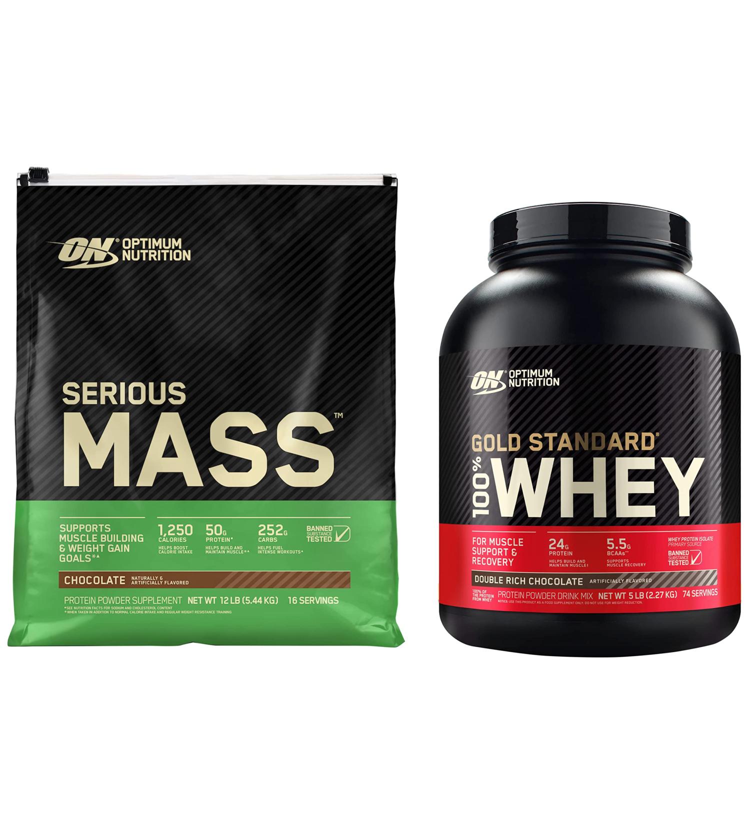 Optimum Nutrition Serious Mass Weight Gainer Protein Powder & Gold Standard 100% Whey Protein Powder Double Rich Chocolate 5 Pound (Packaging May Vary) - Buy Online on GoSupps.com