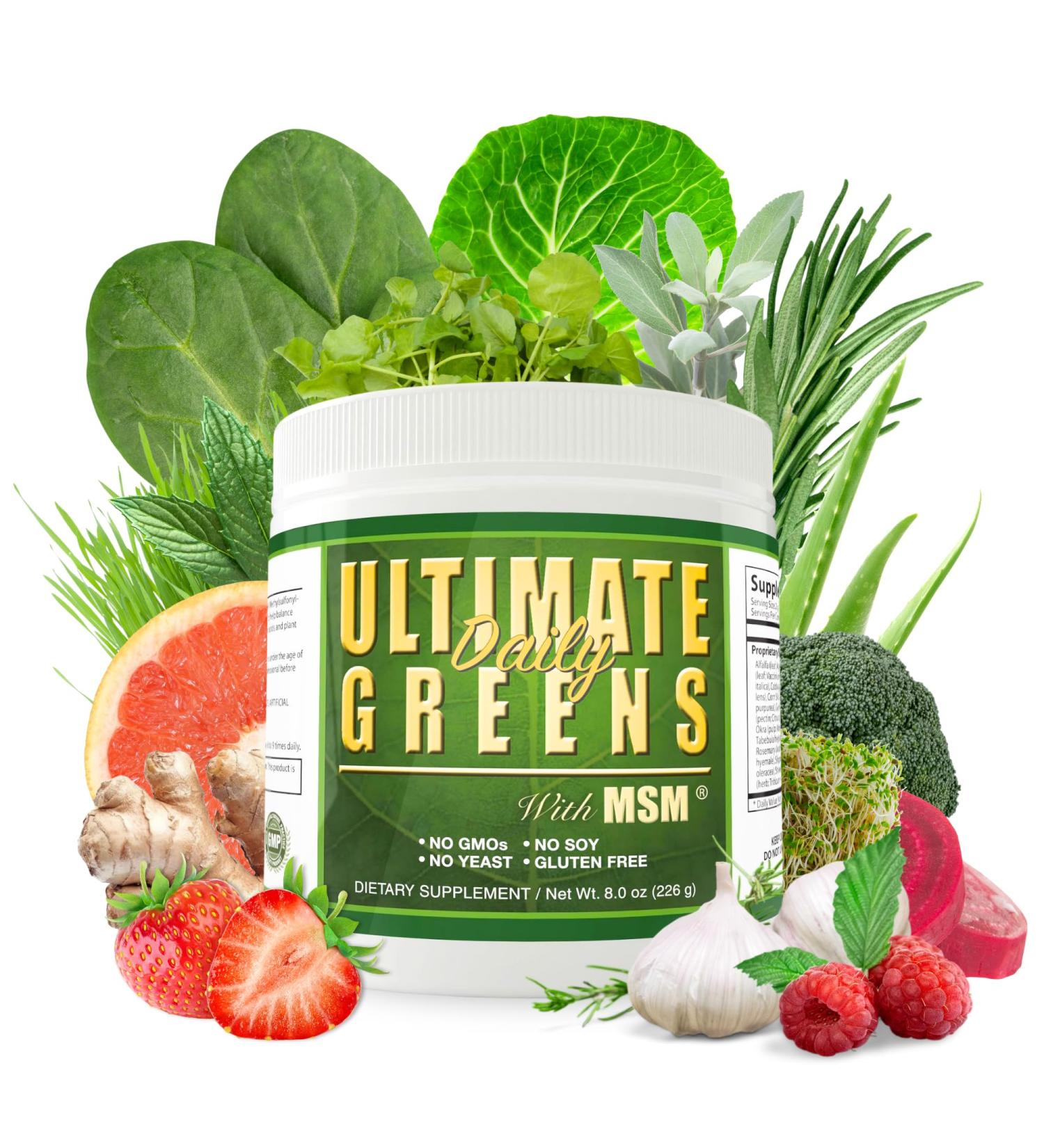 Daily Health Ultimate Greens with MSM Powder Vegan Friendly Natural Ingredients Gluten Soy Free NO GMO Superfood Vegetable Nutritional Drink Alkalizing Energy 8oz 1 Pack (1 Month Supply) 8 Ounce (Pack of 1) - Buy Online on GoSupps.com