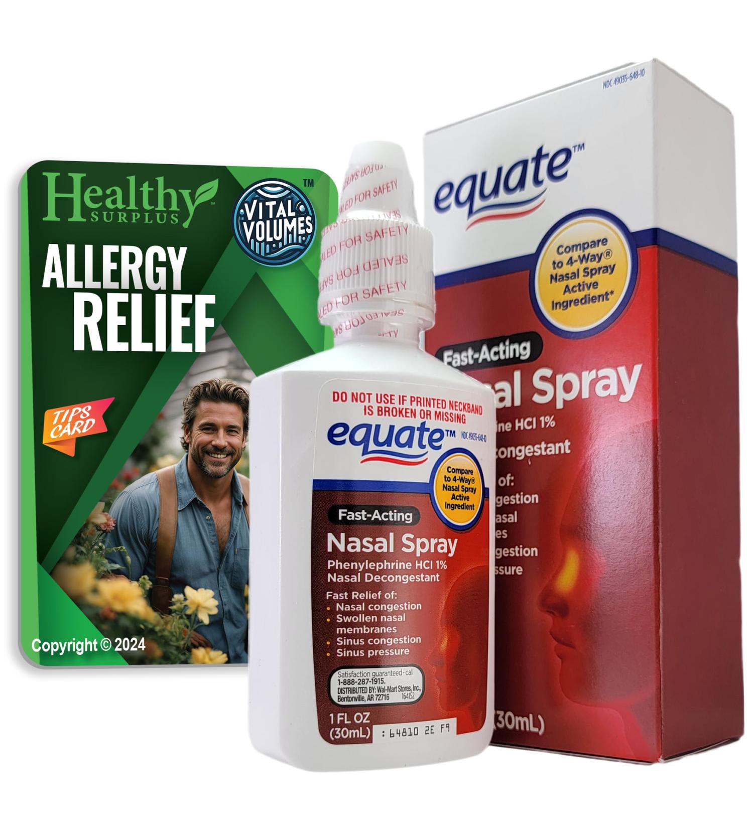 Healthy Surplus Vital Volumes Tips Card & Equate Fast-Acting Nasal Spray Phenylephrine HCL 1% Decongestant -Bundle