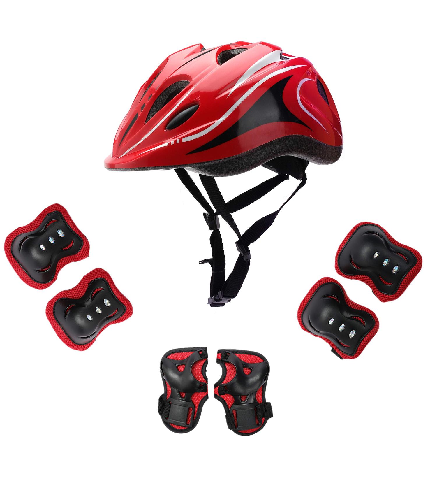 HENXING Kids Helmet Knee Elbow Pads Wrist Guard Set Red | Adjustable Protective Gear for Cycling, Skateboarding, Roller Skating | Boys Girls 4-12 Years - Buy Online on GoSupps.com