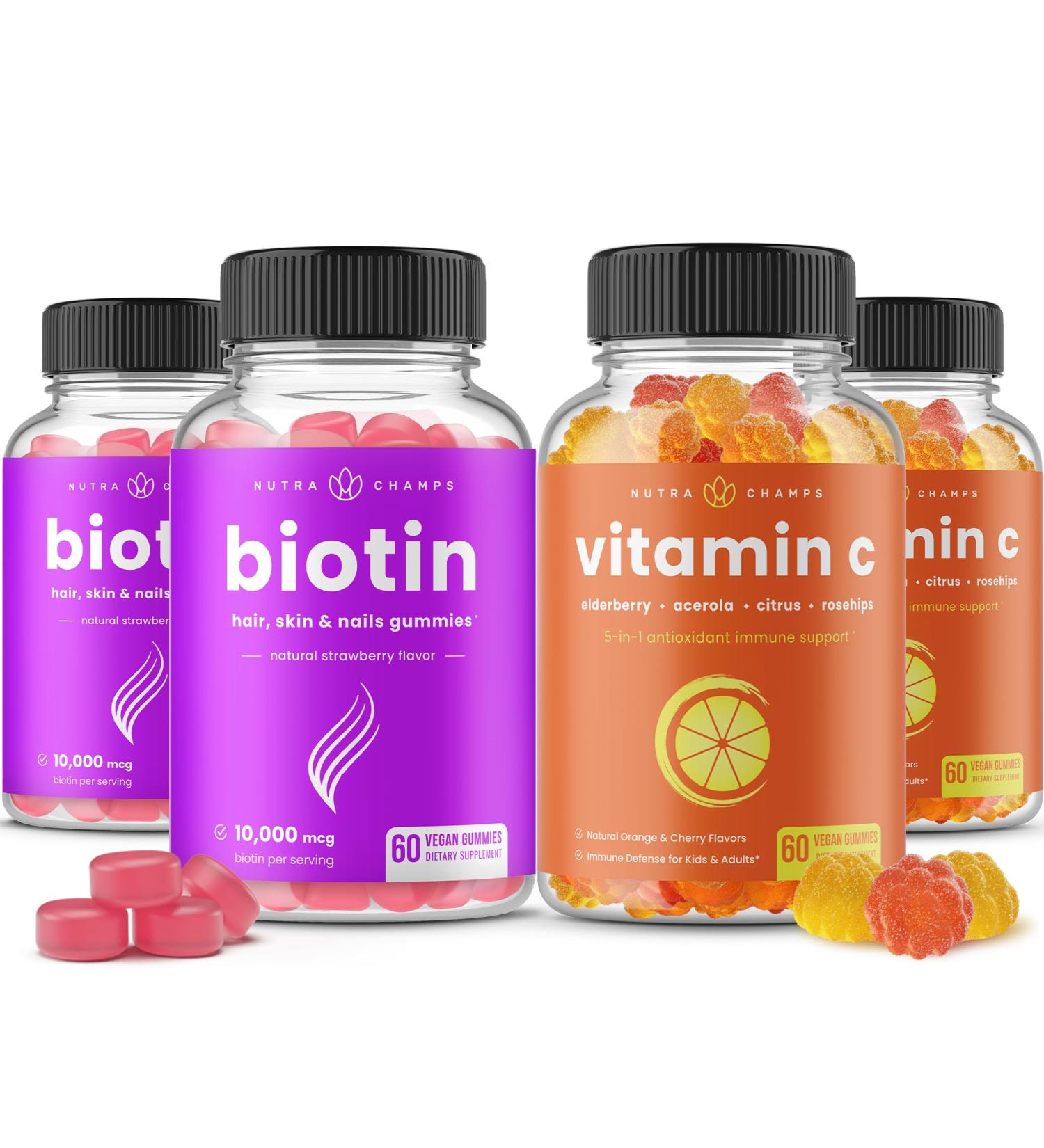 NutraChamps Biotin Gummies (2 Pack) and Vitamin C Gummies (2 Pack) 4 Pack Bundle - Buy Online on GoSupps.com