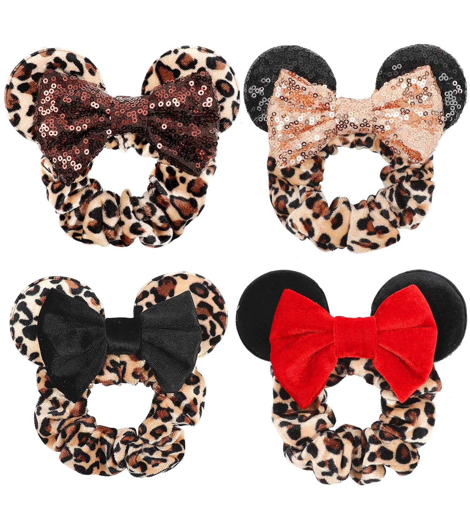 Leopard Mouse Ears Velvet Scrunchies with Sequin Bows - 4 Pack Hair Accessories for Women, Girls, Adults & Kids - Buy Online on GoSupps.com