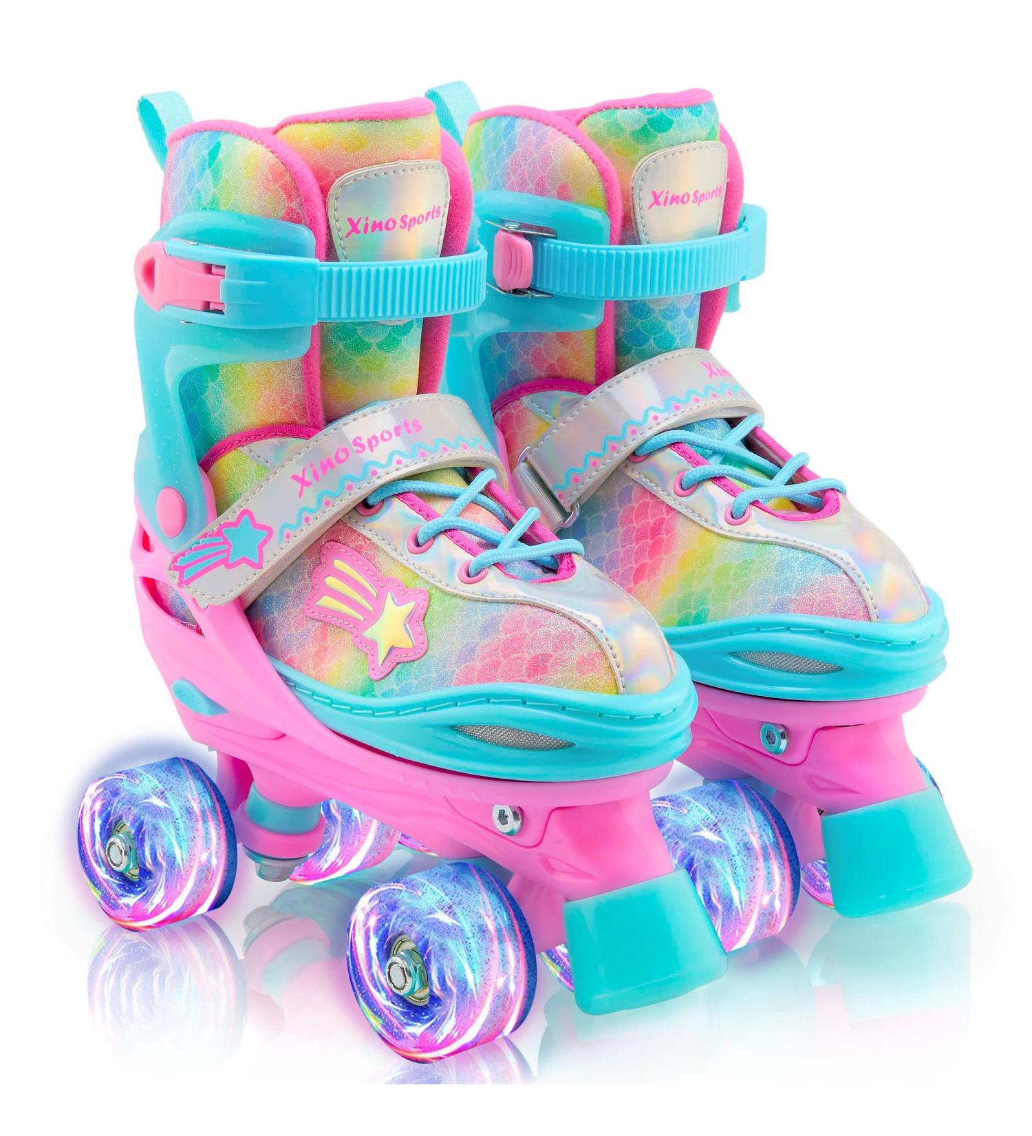 Xino Sports Rainbow Kids Roller Skates - LED Light Up Wheels - Adjustable Youth Skates for Girls & Boys - Indoor/Outdoor - Small Size (J10-J13) - Buy Online on GoSupps.com