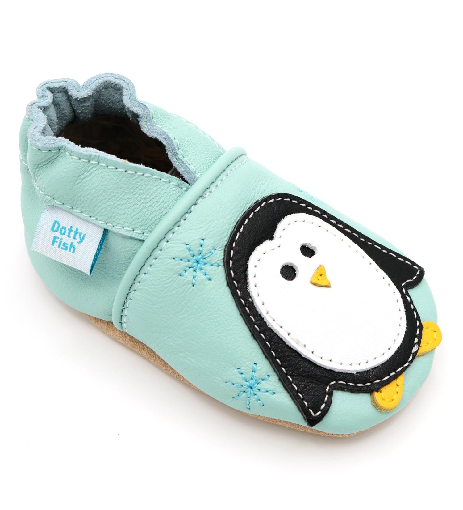 Dotty Fish Soft Leather Baby Shoes | Boys Toddler Shoes Non Slip | Animal Designs for Boys and Girls | Minty Blue Penguin | 0-6 Months to 4-5 Years - Buy Online on GoSupps.com
